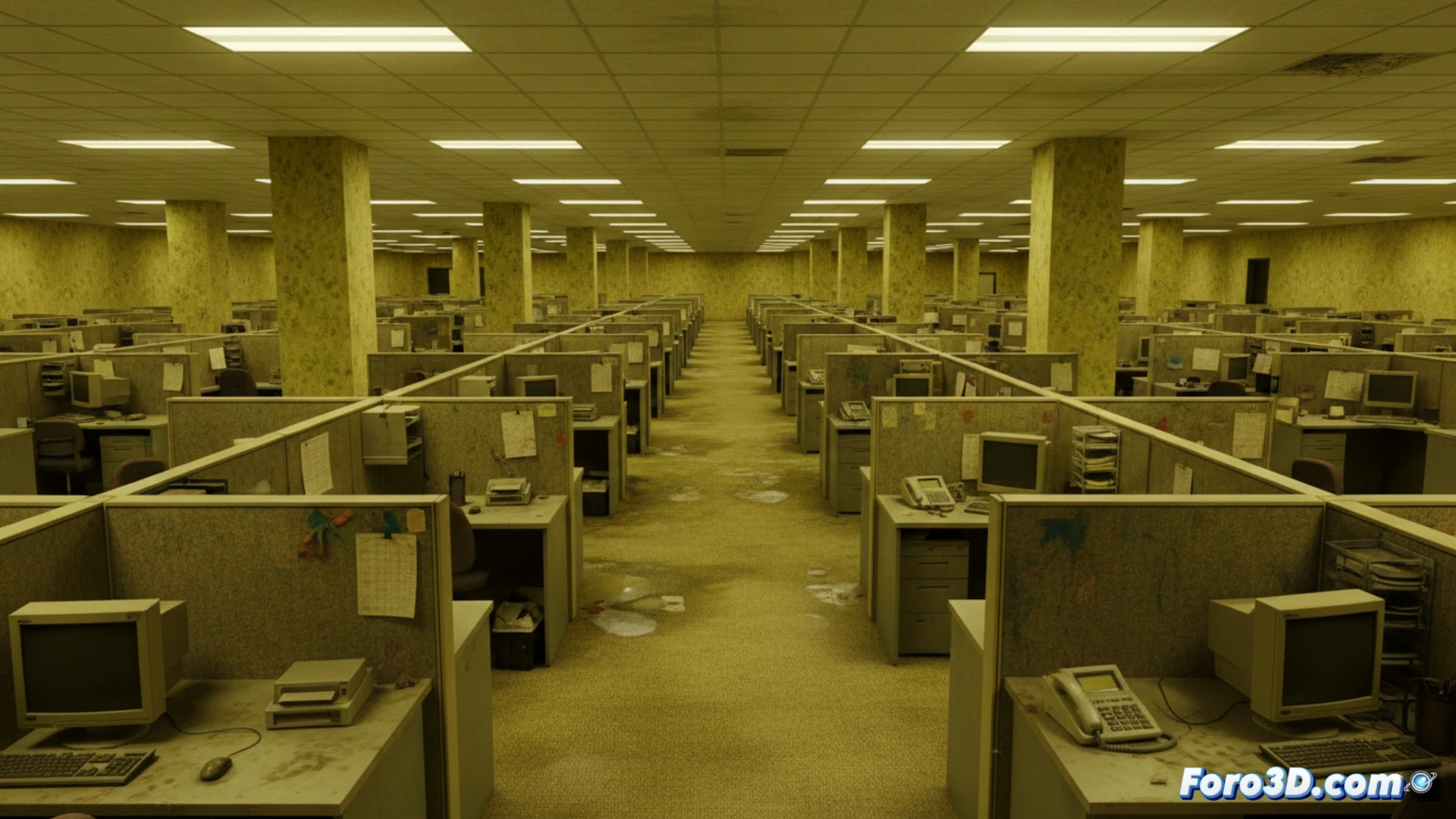 Abandoned yellow office corridor, a young filmmaker holding a basic digital camera while a lone figure stands far down the hall, security camera wires dangling from ceiling tiles, flickering fluorescent lights casting long shadows, dust particles suspended in stagnant air, cinematic horror visualization, subtle lens flare on the camera lens, cracked linoleum floor reflecting faint light, claustrophobic corridor depth, muted beige walls with water stains, photorealistic technical render, empty desk visible through a half-open door, action of filming the unknown, solitary atmosphere, ultra-detailed textures of aged wallpaper and ceiling panels