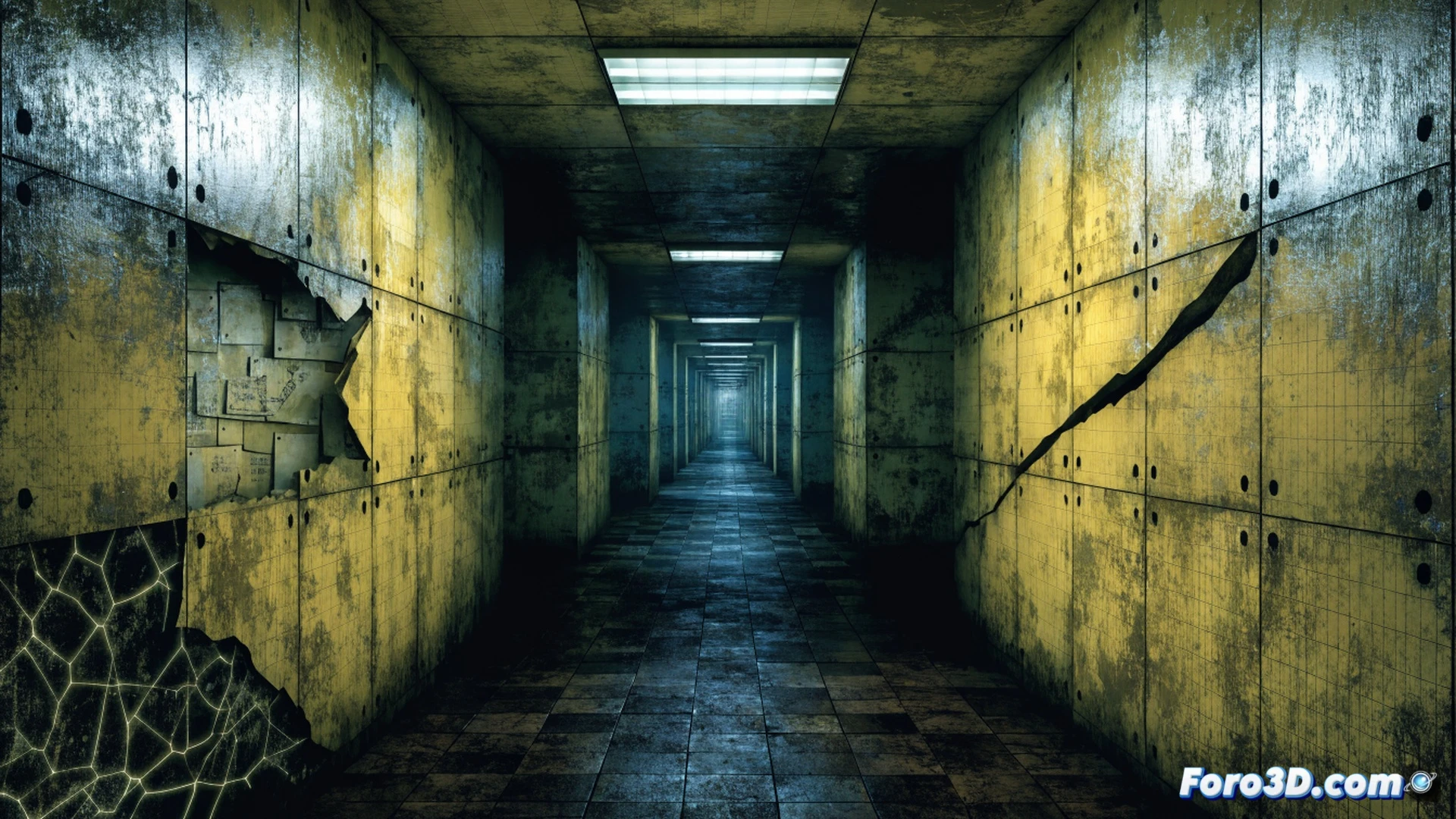 abandoned office corridor with flickering fluorescent lights casting yellow-green glow on beige walls, cracked ceiling tiles hanging by wires, a single desktop computer emitting static on a CRT monitor while a young filmmaker adjusts a vintage camcorder on a tripod, dust particles floating in the beam of a flashlight, cinematic horror aesthetic, claustrophobic framing, low-angle shot emphasizing emptiness, photorealistic texture of peeling linoleum floor, subtle vignette and grain, moody shadow contrast, ultra-detailed environmental decay