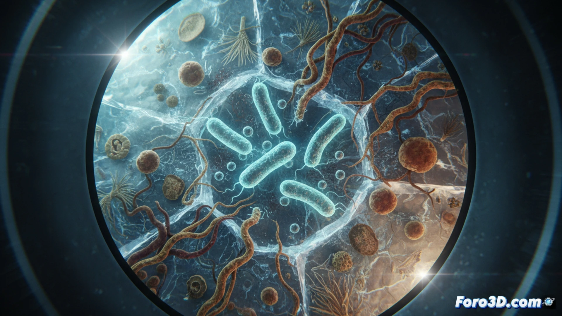 cientist in sterile lab examining petri dish with ancient bacteria from Otzi mummy, glowing blue bacterial colonies forming spiral patterns on agar, microscope with digital display showing microbial activity, fungal spores releasing from ice crystals in background, cold vapor rising from cryogenic storage tank, technical illustration style, photorealistic lighting, macro lens detail on bacterial structures, sterile white lab environment, dramatic shadows from overhead LED lamps, ultra-detailed microbial textures, scientific visualization