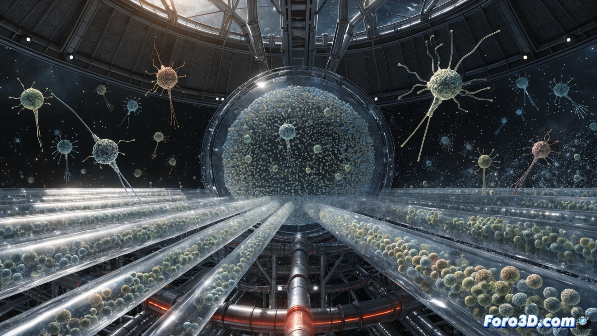 orbital pharmaceutical station interior, zero-gravity bioreactor array cultivating mutated bacteriophages, transparent growth chambers with glowing blue viral cultures, robotic arms manipulating petri dishes while floating bacterial colonies interact in microgravity, holographic displays showing phage mutation pathways and resistance data, sleek metallic walls with LED indicators, scientists in futuristic space suits monitoring screens, dynamic light beams from control panels, ultra-detailed sci-fi technical visualization, cinematic engineering illustration, photorealistic render, dramatic blue and white lighting, floating droplets and particles emphasizing weightlessness