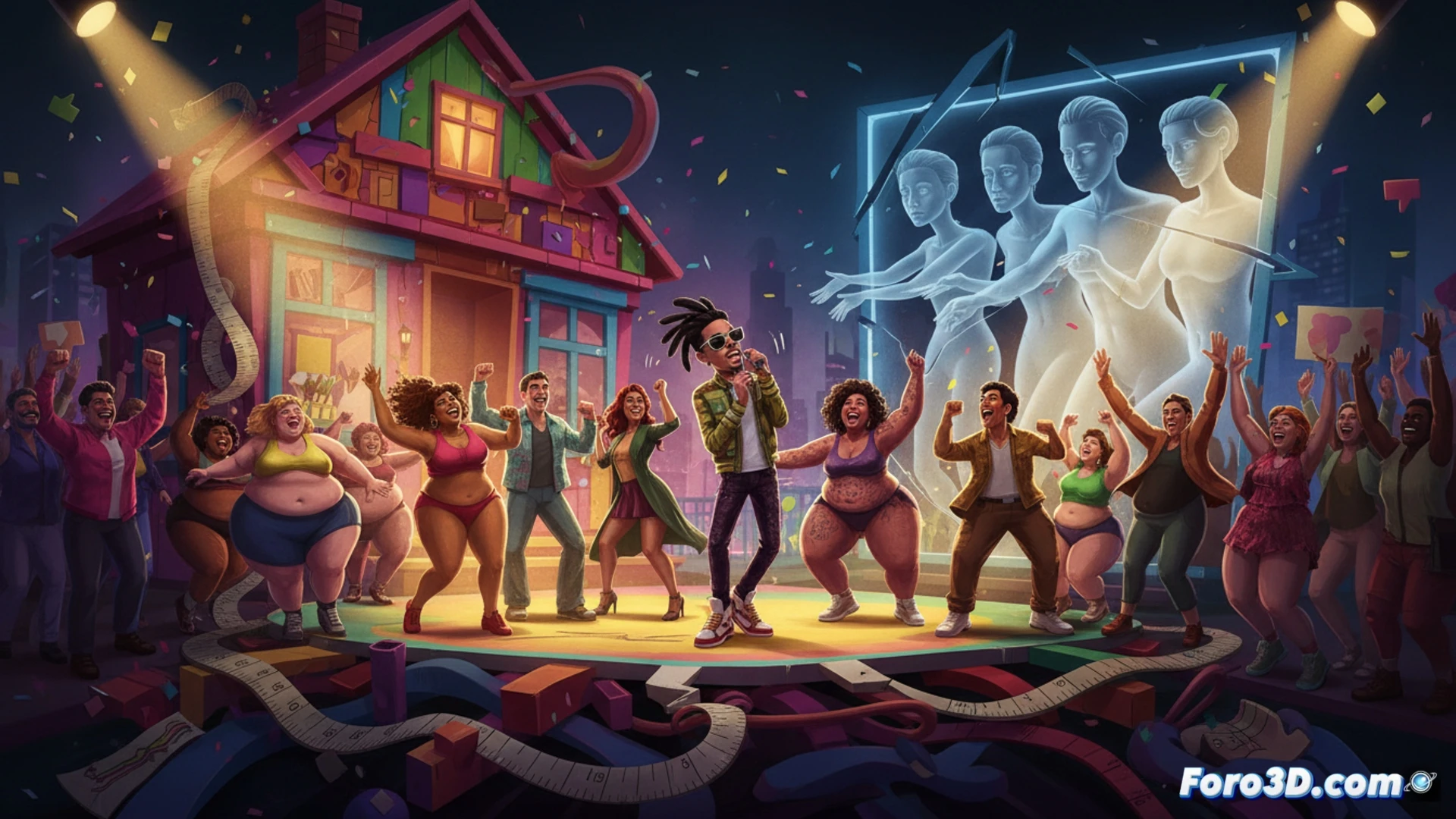 Bad Bunny en un set musical rodeado de mujeres diversas, entre aplausos y gestos de debate.