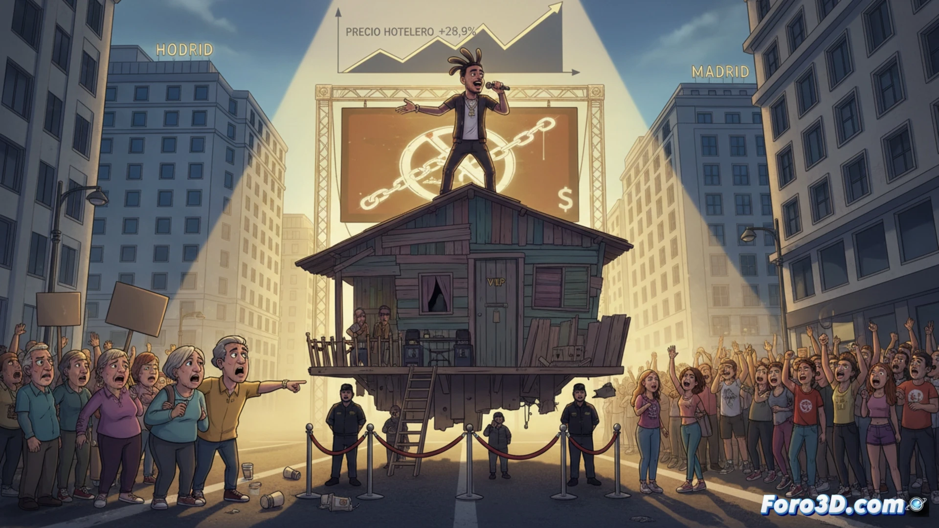Urban gentrification paradox scene, luxury hotel construction crane lifting a replica of a Casita de madera, tourists taking selfies while local residents protest with signs, hotel price surge data visualized as glowing dollar signs rising from buildings, Bad Bunny silhouette performing on stage with soundwaves pushing luxury apartments upward, contrasting slums and high-rise condos, photorealistic cinematic visualization, dramatic sunset lighting, smoke from construction dust mixing with concert pyrotechnics, detailed architectural textures, crowded streets, social tension visible in body language, ultra-realistic urban landscape render