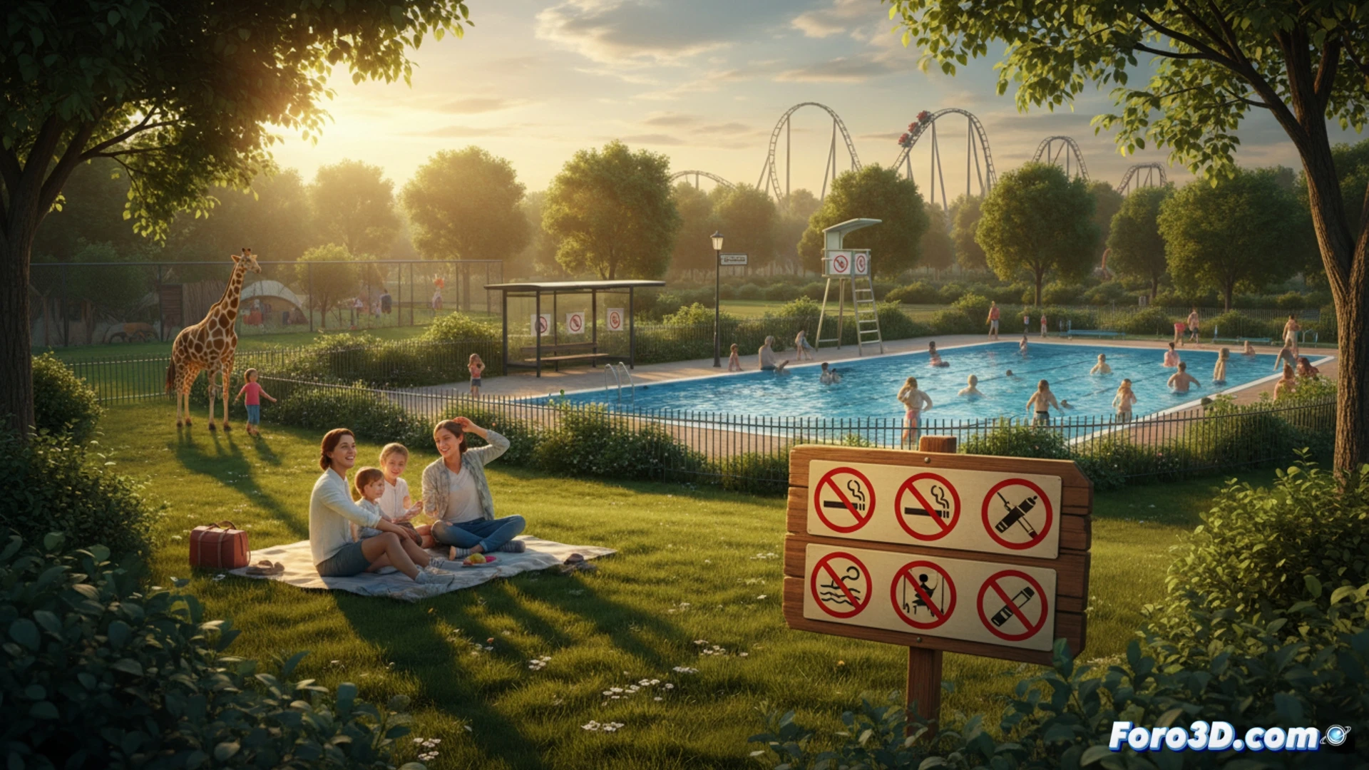 aerial view of a German outdoor swimming pool in Baden-Württemberg, a hand holding a vape pen being stopped by a red prohibition sign with a crossed-out cigarette, children playing in shallow water in the background, a parent exhaling steam from an e-cigarette dissipating into thin air, empty hotel balcony ashtray removed, cinematic photorealistic style, bright summer sunlight, clear blue water reflections, safety signage visible, family-friendly public space, dramatic health protection message, ultra-detailed pool tiles and lifeguard chair, engineering visualization of smoke dispersion patterns fading