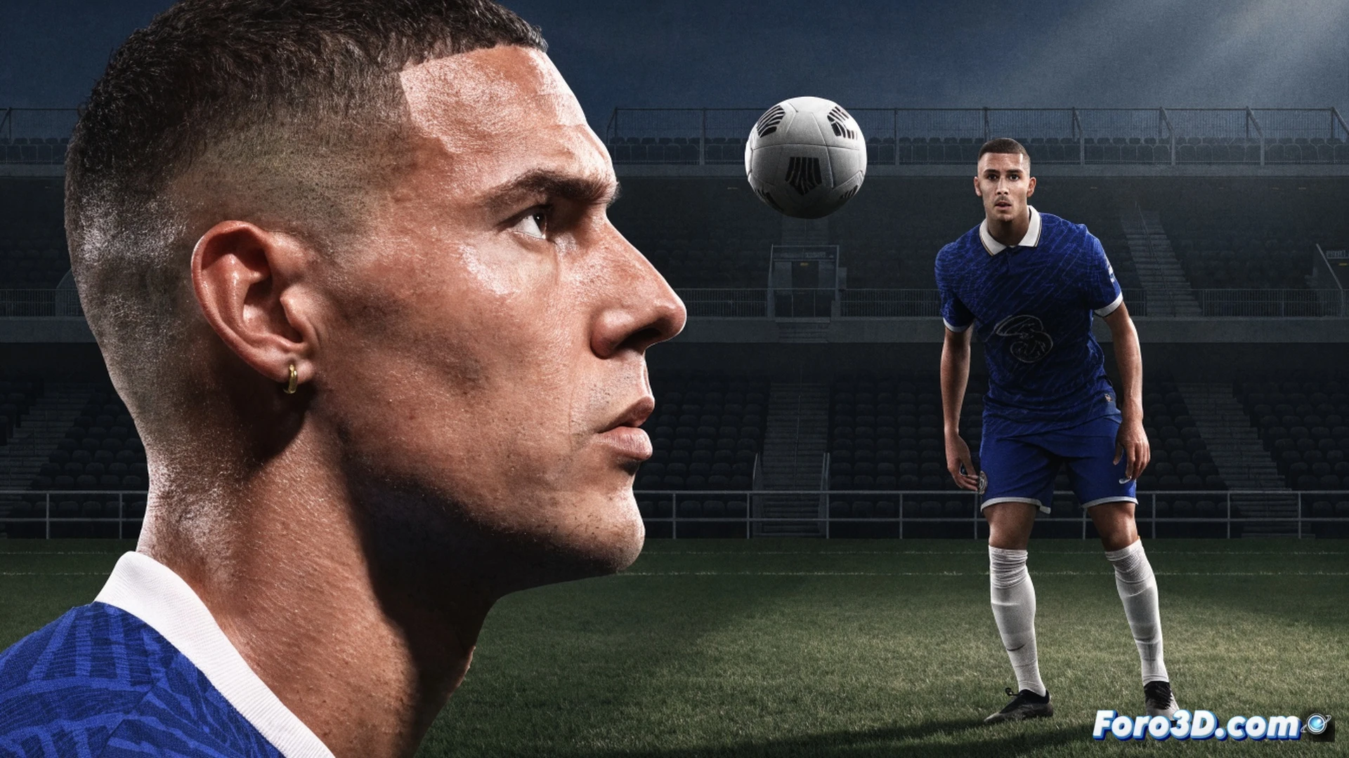 Chelsea defender Benoit Badiashile executing a precise sliding tackle, intercepting the ball with calm anticipation while an opponent sprints past, stadium grass blades displaced during the motion, tactical positioning demonstrated by his body angled to block passing lanes, cinematic photorealistic visualization, dramatic stadium floodlighting casting long shadows, motion blur on attacking player, sharp focus on defender’s composed expression and clean contact with ball, ultra-detailed kit fabric texture, Premier League match atmosphere