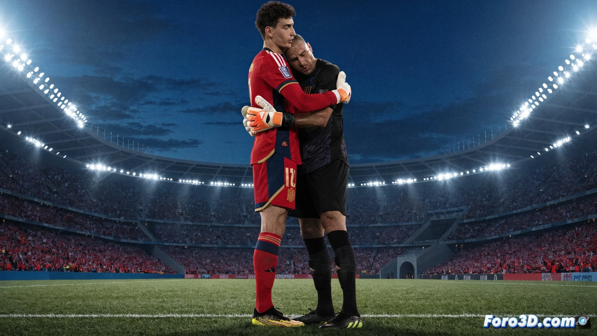 Álex Baena celebrando con un abrazo a Fernando Muslera tras el gol decisivo, estadio de fútbol iluminado con reflectores, césped mojado mostrando marcas de botas, balón en primer plano con efecto de desenfoque de movimiento mientras cruza la línea de gol, ambos jugadores con camisetas sudadas, Muslera agachado con guantes de portero manchados de barro, Baena con brazos abiertos en gesto de consuelo, tribunas de fondo con banderas ondeando, estilo cinematográfico realista, luz anaranjada del atardecer mezclada con sombras de estadio, alta definición, texturas de césped y ropa visibles, composición dramática con profundidad de campo