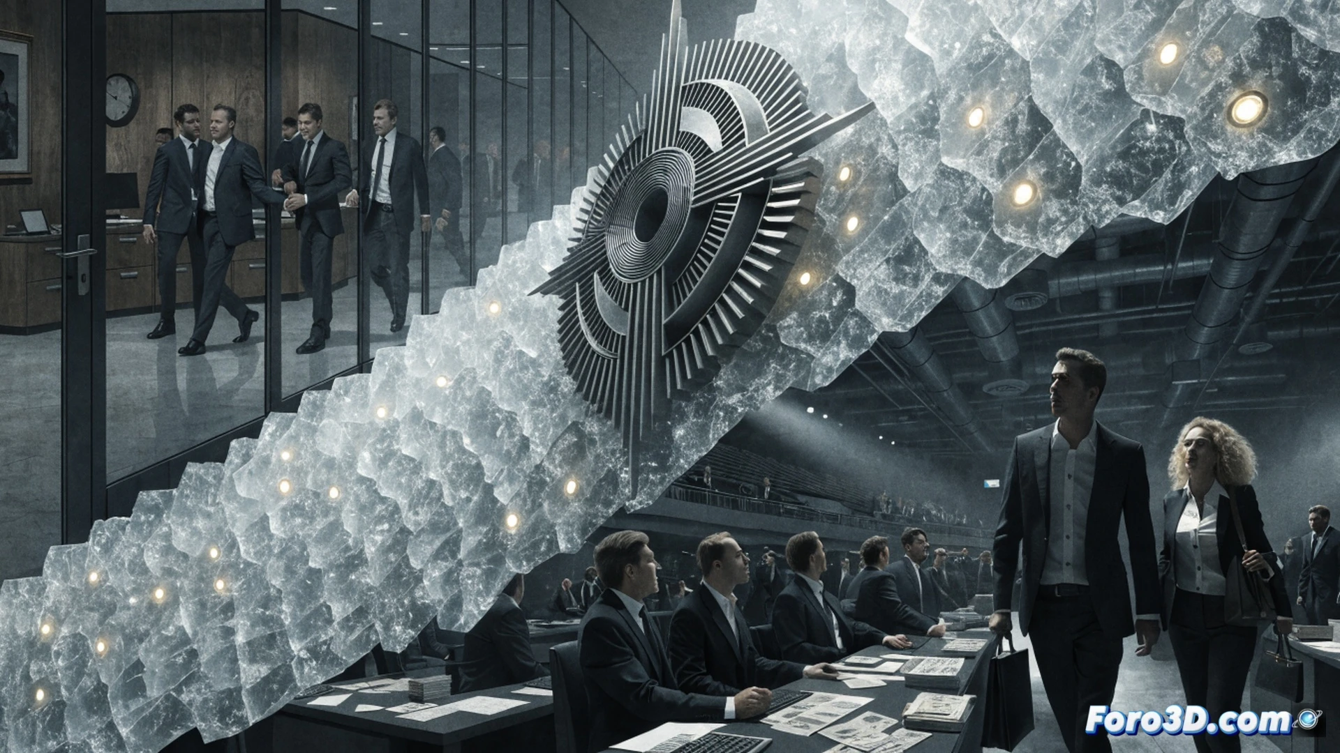 BaFin supervisory team entering Berenberg executive office, replacing three managers with two special supervisors, official documents and financial reports being handed over, audit software interfaces glowing on monitors, bank vault and trading terminals visible in background, cinematic photorealistic technical illustration, tense corporate atmosphere, sharp shadows from desk lamps, polished wood and glass surfaces, detailed paperwork with visible charts and signatures, professional business attire, dramatic chiaroscuro lighting, ultra-realistic textures