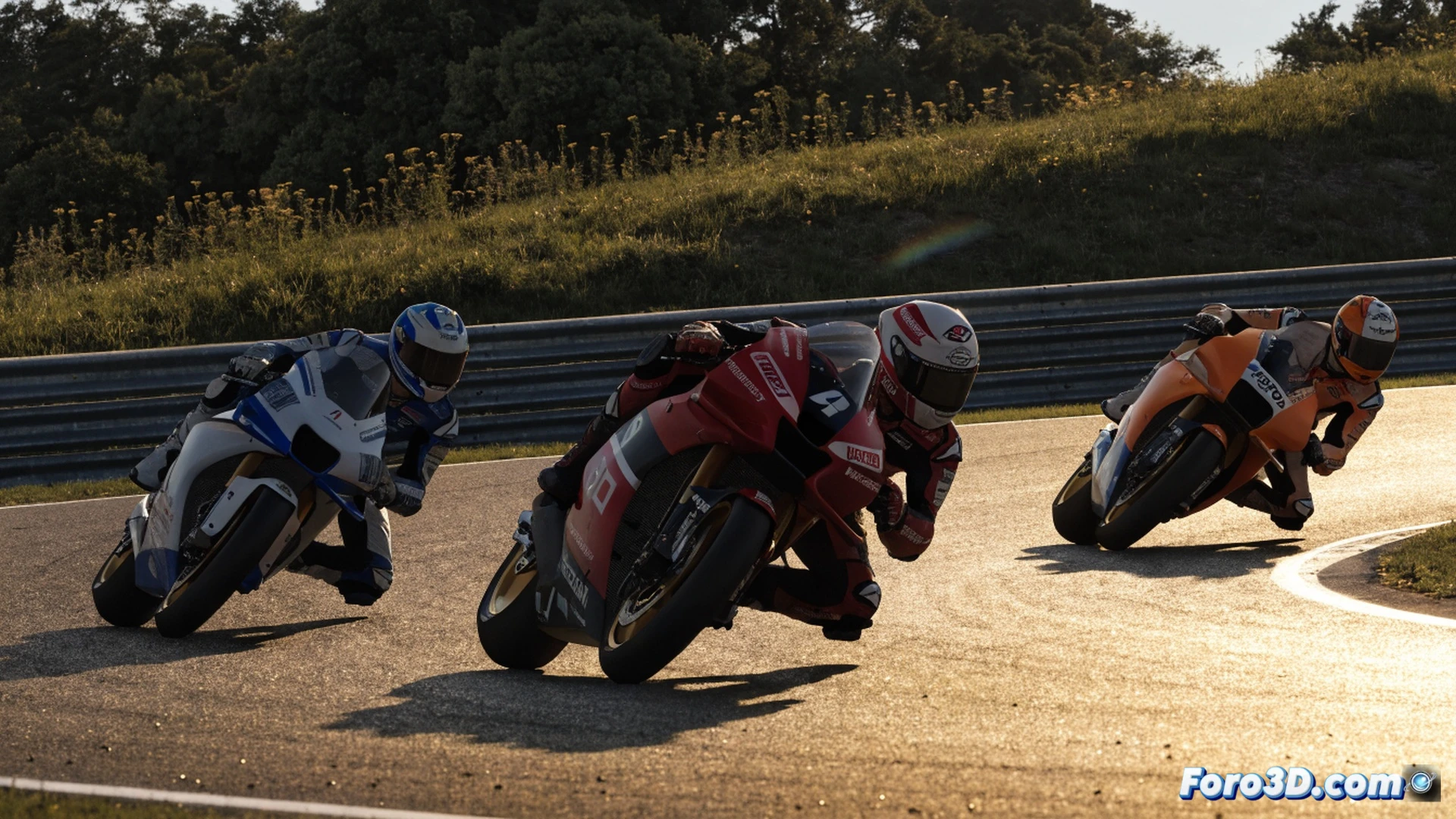 MotoGP race action at Brno circuit, Francesco Bagnaia’s Ducati leaning sharply through a high-speed corner, rear tire smoking under acceleration, front brake disc glowing orange from intense braking, aerodynamic winglets cutting through air, trailing Ai Ogura’s bike with visible suspension compression, Marc Márquez sliding slightly behind, track curbs and gravel trap visible, cinematic motorsport photography style, dramatic golden hour lighting, motion blur on background grandstands, ultra-detailed carbon fiber bodywork, photorealistic technical render