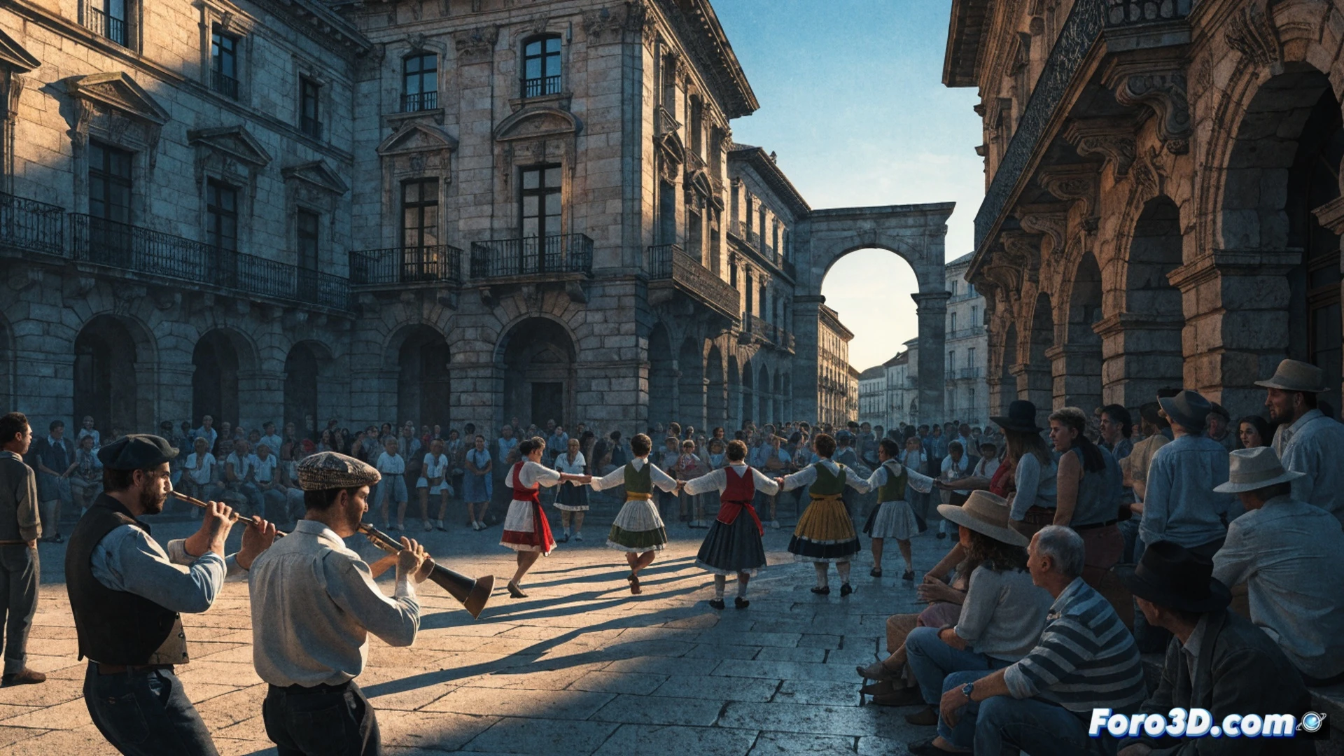 Plaza del Castillo de Pamplona al atardecer, músicos tocando txistu y gaita frente a un grupo de personas bailando en círculo, durante una tarde de verano, niños y adultos moviéndose al ritmo de la música tradicional, farolas encendidas que iluminan la escena, adoquines y edificios históricos al fondo, ambiente festivo y familiar, estilo cinematográfico photorealistic, luz cálida de atardecer, acción de baile en proceso, mostrando convivencia urbana al aire libre