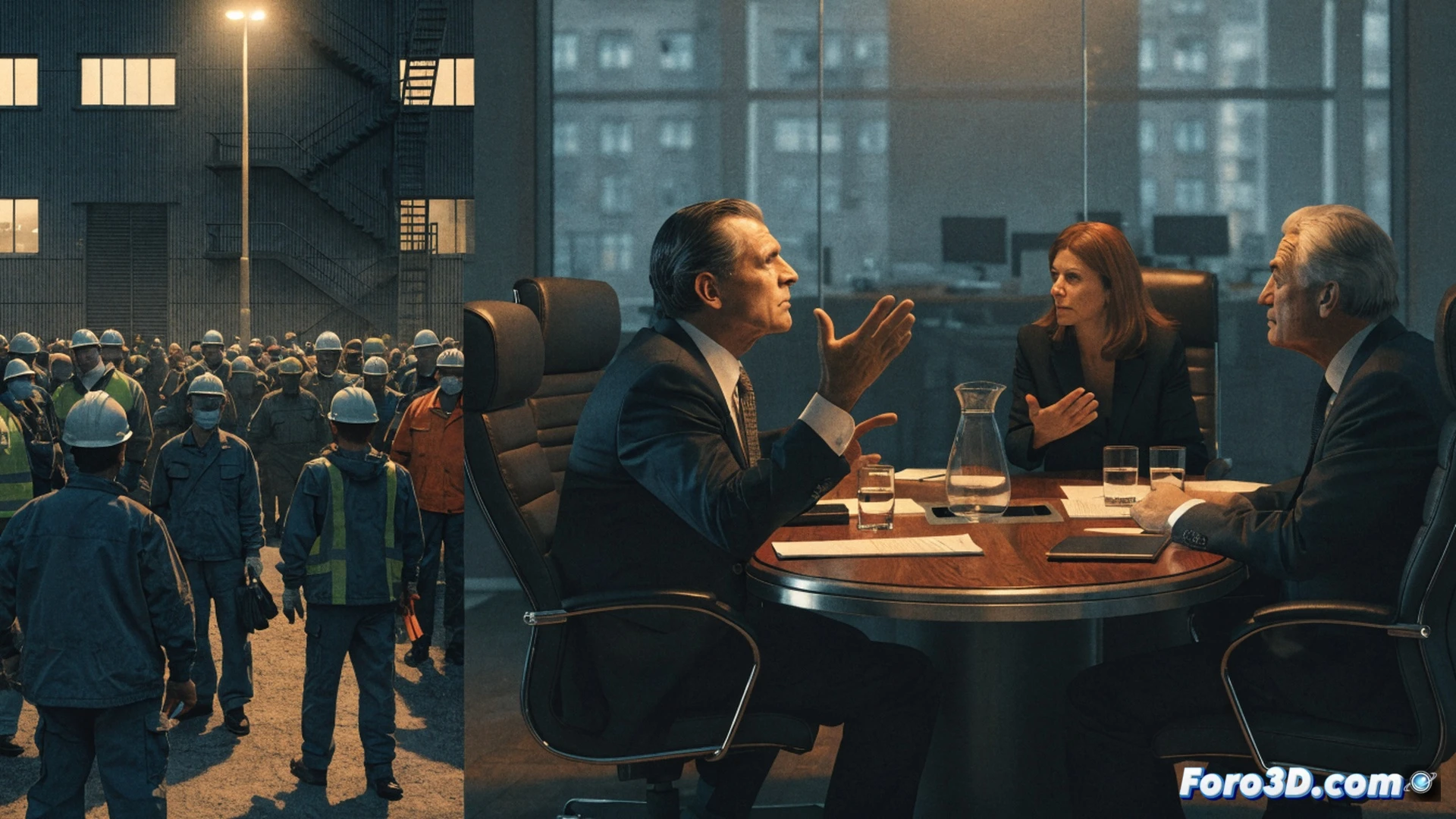 Large factory hall with VW assembly line halted, red emergency stop buttons lit, workers in blue uniforms standing in protest formation while robotic arms remain idle overhead, union representatives holding documents facing executives in glass-walled office above, glowing red warning indicators on machinery, steel beams and conveyor belts visible, photorealistic industrial documentary style, dramatic overhead lighting casting long shadows, tension visible in body language, ultra-detailed mechanical environment, cinematic wide-angle shot