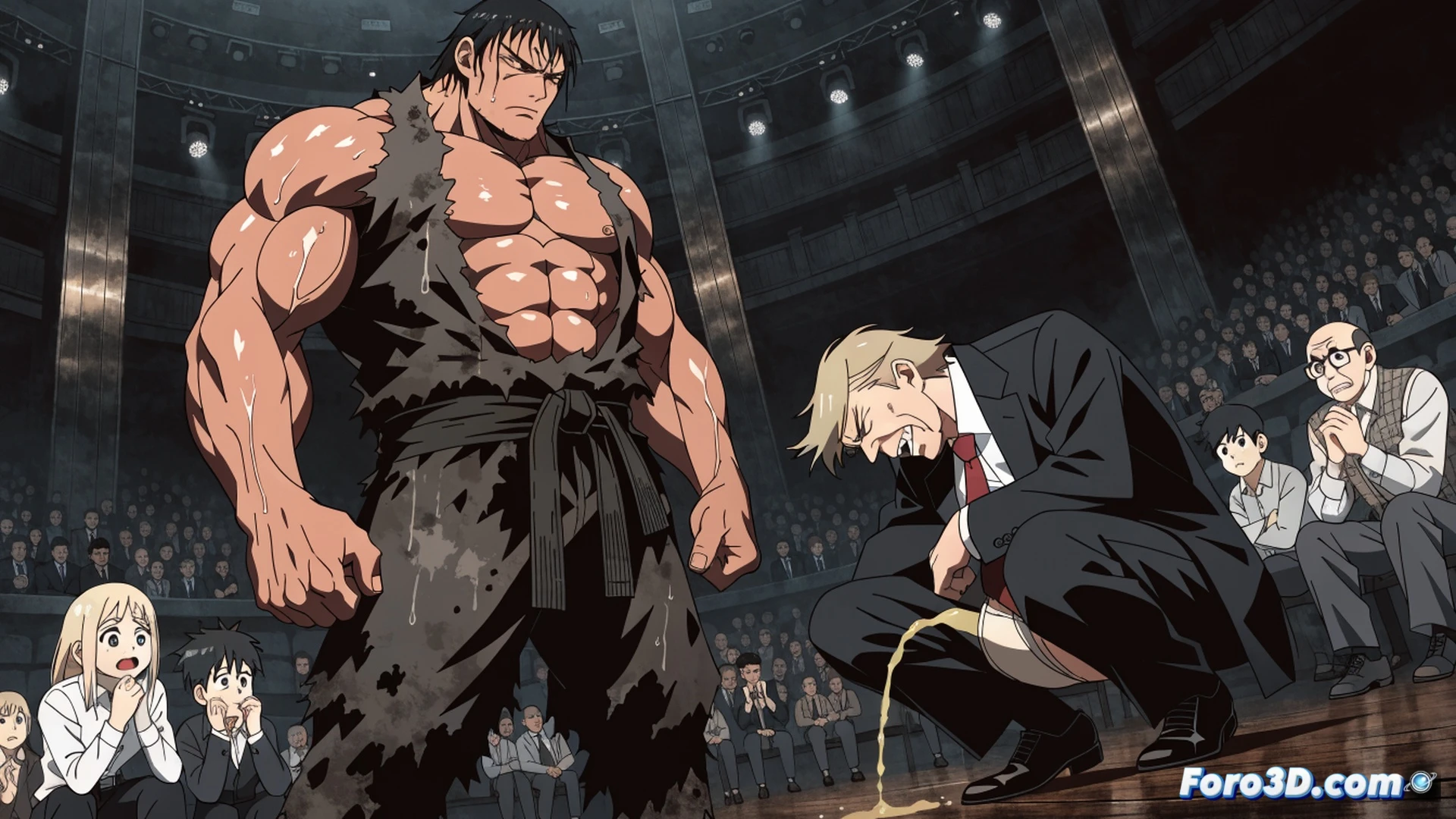 anime-style action scene of a giant muscular fighter towering over a terrified politician in a suit, the politician cowering and sweating while wetting his pants, the fighter flexing with a stern expression, a cartoon speech bubble showing a laughing emoji floating nearby, bright studio lighting from above, dramatic shadows on the floor, cel-shaded animation style, bold outlines, vibrant colors, exaggerated facial expressions, dynamic camera angle looking up at the giant figure, technical animation production elements visible like character rigging control points and keyframe markers faintly overlaid, realistic skin texture on the fighter, suit fabric details, wet stain texture on the politician trousers, cinematic composition with depth of field, no text or numbers anywhere in the frame