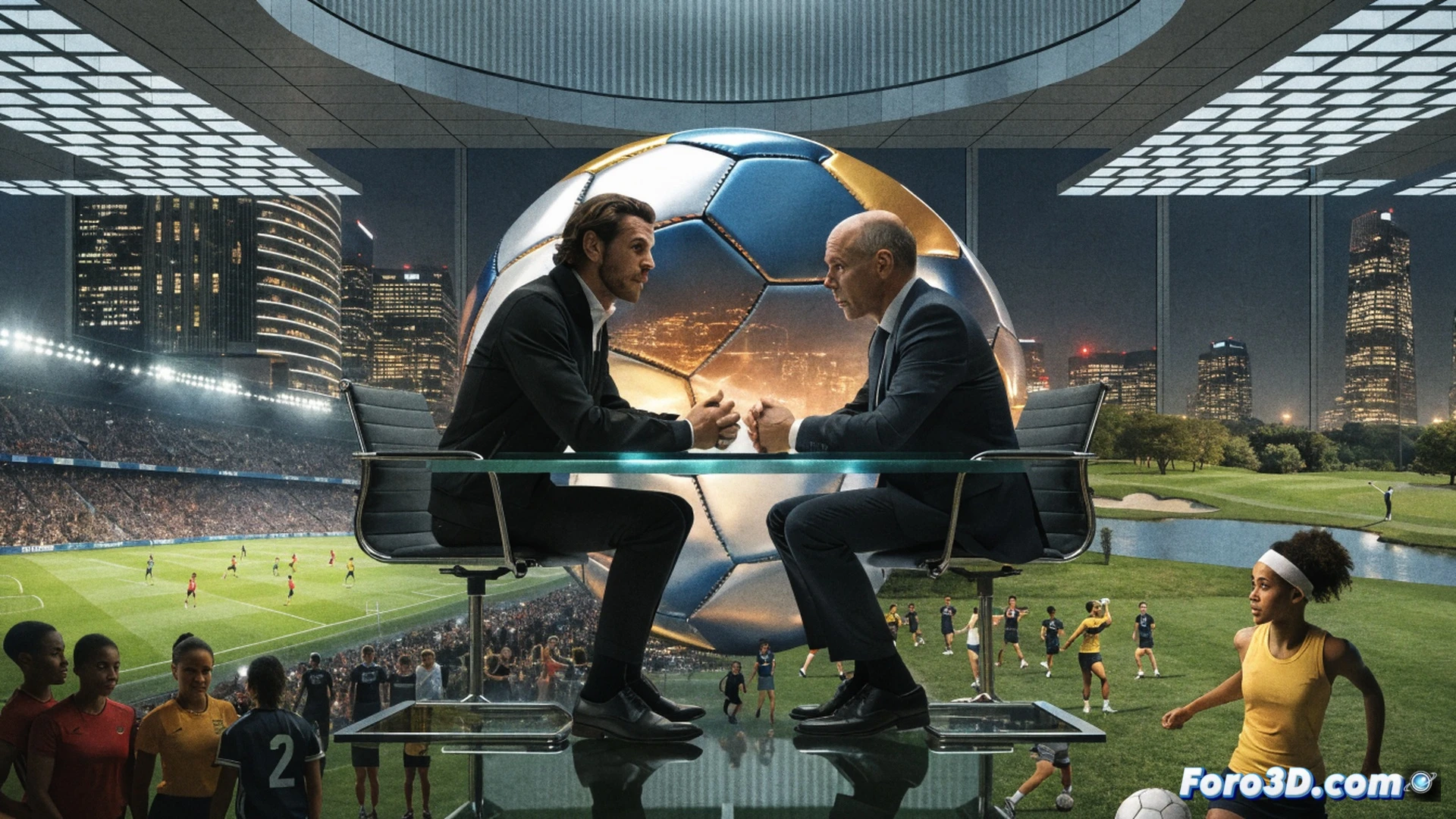 Gareth Bale en traje de negocios señalando una pantalla holográfica con gráficos de crecimiento financiero, al fondo un estadio de fútbol con gradas parcialmente iluminadas, niños de distintas edades entrenando en canchas juveniles con balones y conos, una mujer futbolista celebrando un gol en un campo de césped artificial, planos de construcción de un campo de golf con topógrafos y equipos de medición láser, estilo cinematográfico fotorrealista, iluminación tipo atardecer dorado, profundidad de campo amplia, texturas detalladas de césped y hormigón.