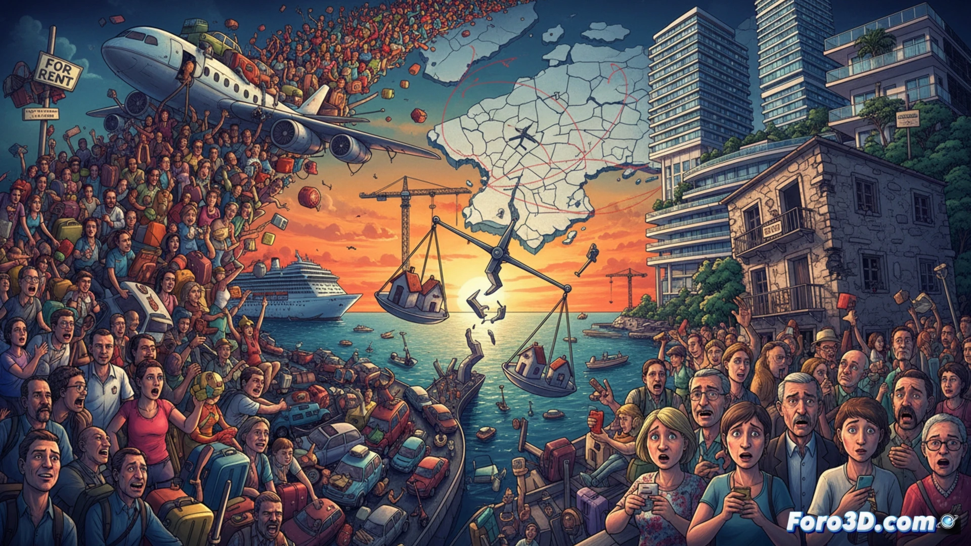 Photorealistic aerial view of Mallorca coastline collapsing under mass tourism, massive cruise ship docking while hotel construction cranes multiply along the shore, tiny local houses being squeezed between towering apartment blocks, overcrowded beaches with tourists spilling onto streets, traffic jam of rental cars and buses blocking narrow roads, construction dust rising from new developments, contrast between blue Mediterranean and grey concrete sprawl, cinematic wide-angle shot, dramatic sunset lighting casting long shadows, smoke from construction mixing with sea mist, hyper-detailed urban chaos, technical illustration of unsustainable growth