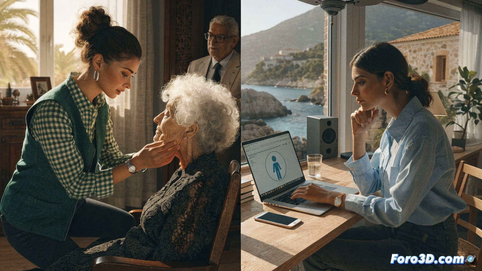 middle-aged woman sitting at a kitchen table, holding a tablet showing a stress management app interface, caring hands gently placing a cup of tea beside her, soft home interior with a calendar and pill organizer visible, warm natural light from window, photorealistic lifestyle scene, emotional support moment, calm atmosphere, subtle medical and organizational tools in background, realistic textures, compassionate documentary style lighting
