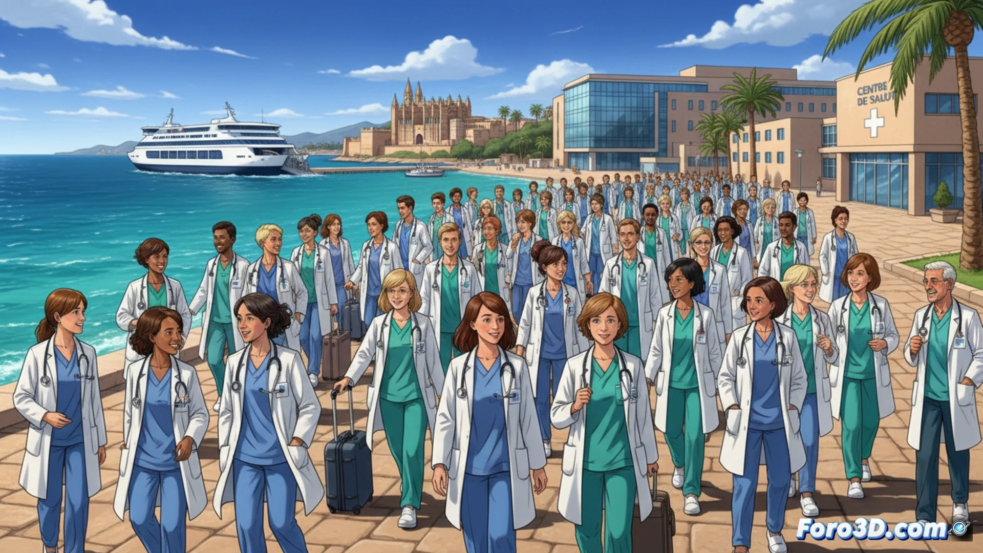 Grupo de 271 nuevos médicos y enfermeras residentes en formación sanitaria, de pie en un hall de hospital moderno con batas blancas y estetoscopios, sosteniendo carpetas y tablets, mientras un supervisor señala un plano arquitectónico del centro sanitario, con monitores médicos y equipos de diagnóstico visibles al fondo, mostrando el proceso de incorporación y distribución a distintas especialidades, estilo fotorealista cinematográfico, iluminación suave de luz natural y fluorescente, composición amplia y profesional, colores blancos y azules institucionales, ambiente de aprendizaje y trabajo en equipo.