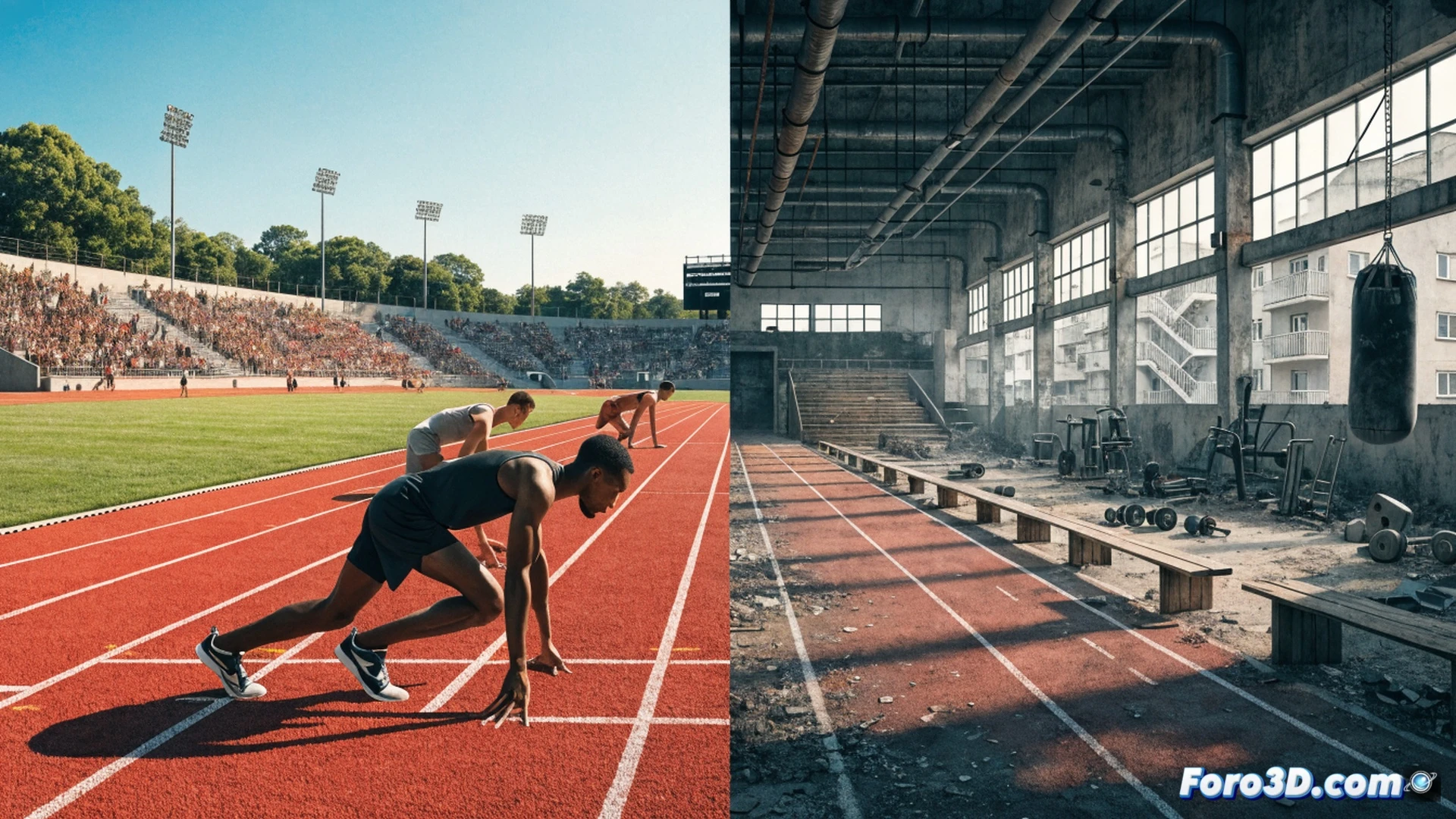 photorealistic aerial view of a running track in Logroño stadium, thirteen ranking positions displayed as glowing lane markers, three distant larger regions Catalunya Madrid Andalucía pulling ahead with bright economic resources symbols, Balearic Islands athlete mid-stride on the inside lane straining forward while a transparent population graph and budget bar chart hover beside the track showing low values, dramatic sunset lighting casting long shadows, motion blur on the runner s legs, technical illustration style with data visualization overlays, cinematic depth of field, realistic athletic gear and stadium architecture