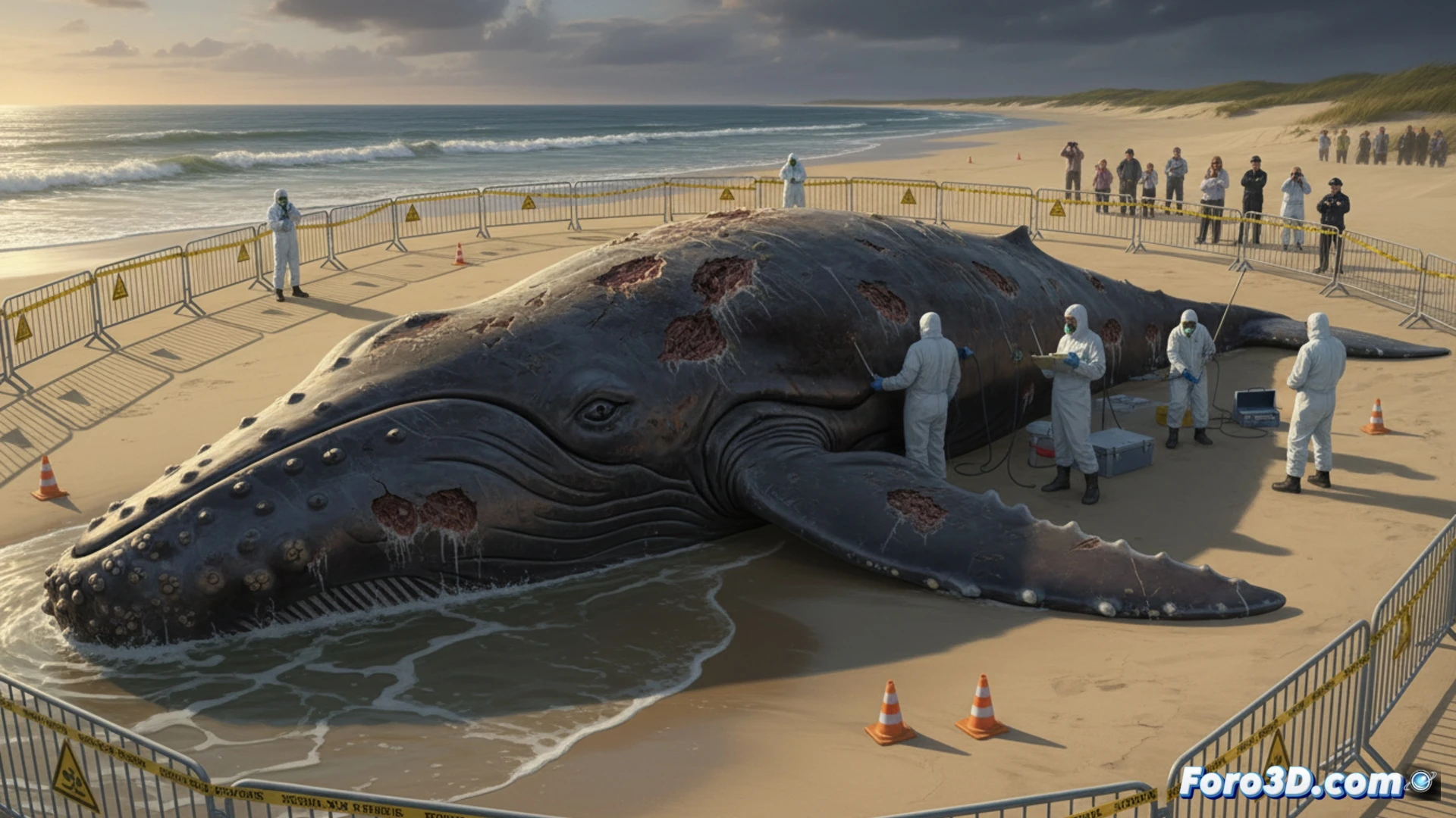 Large humpback whale carcass stranded on sandy beach of Anholt island, Denmark, scientific team in hazmat suits approaching with sampling tools and GPS devices, warning barriers and biohazard signs placed around the scene, aerial drone hovering overhead documenting the process, calm grey North Sea waves in background, overcast sky, photorealistic technical illustration, forensic marine biology documentation style, cold muted colours, high detail on whale skin texture and decomposition state, clear separation between public exclusion zone and research area, realistic coastal landscape