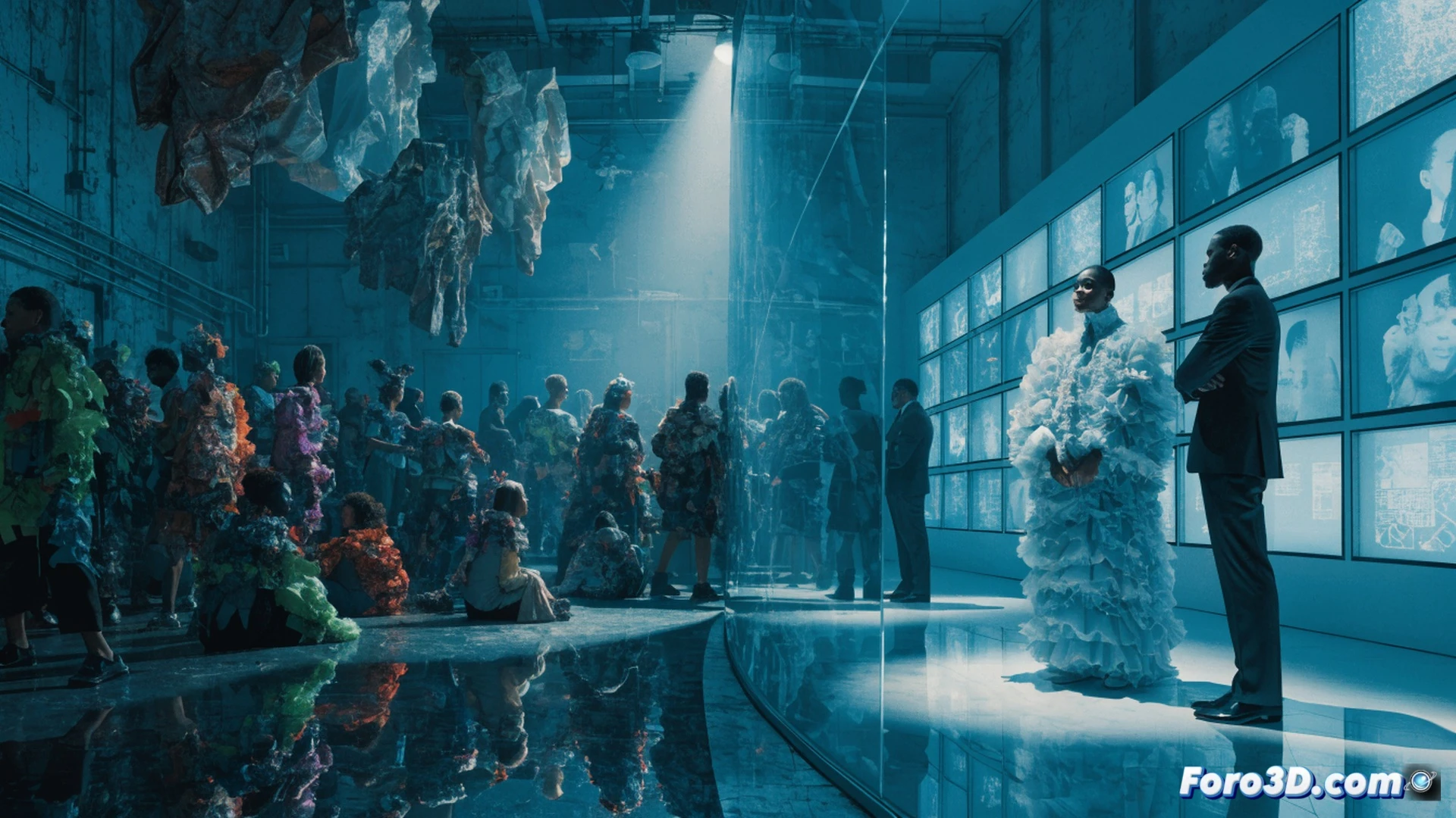diverse creative team standing behind a glass wall, one figure pressing a hidden button that controls access, while others outside hold portfolios and digital tablets, a cracked facade revealing gears and code underneath, cinematic photorealistic style, dramatic high-contrast lighting, shadows cast across the room, motion blur on the button press, glass reflection showing distorted brand logos, ultra-detailed textures on clothing and devices, technical illustration aesthetic