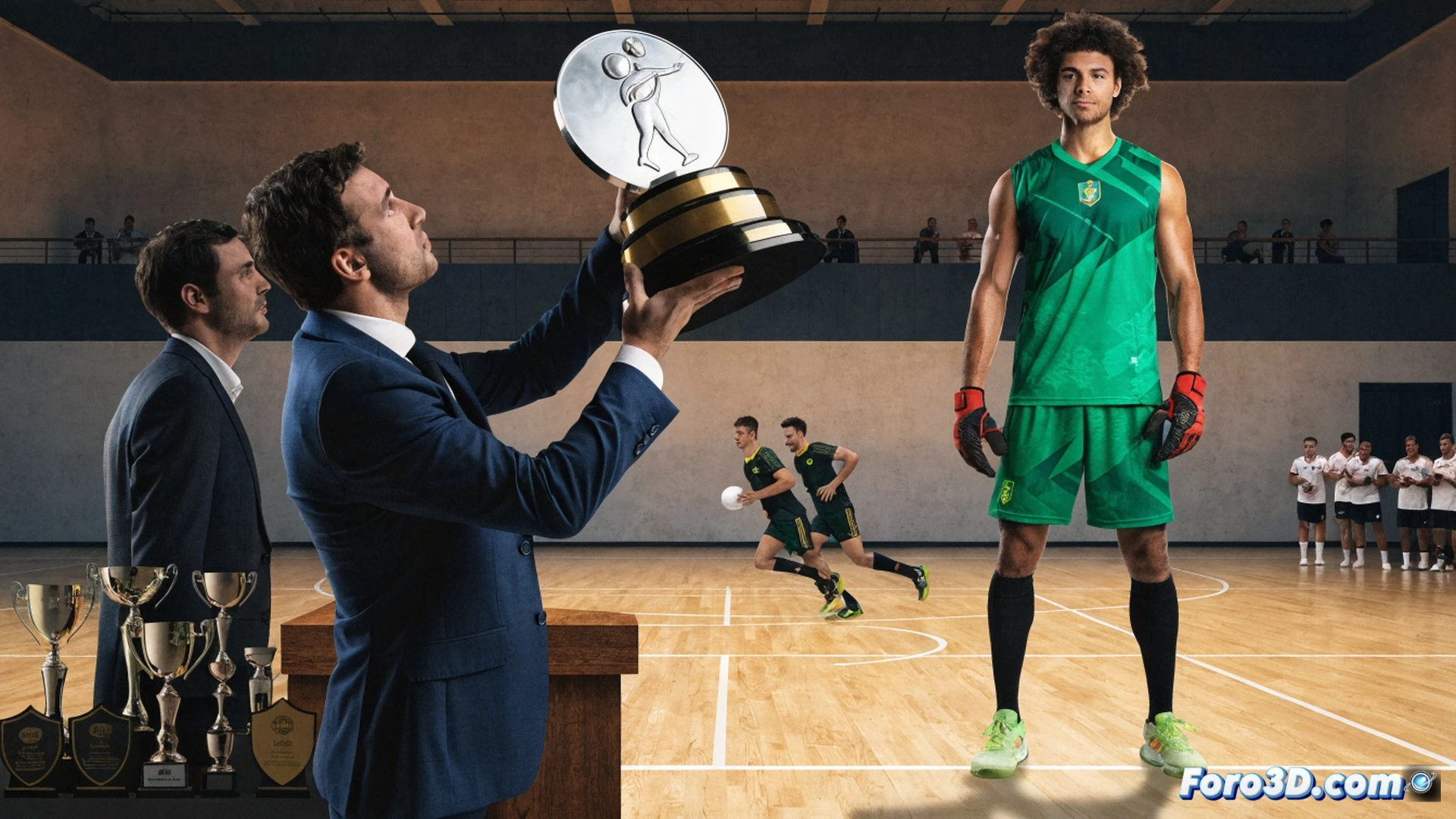 Photorealistic scene showing a Brazilian handball player in official team jersey signing a contract at a wooden desk, while a Diputación de Ciudad Real official hands a golden trophy to a BM Bolaños club representative. Background displays a large technical blueprint of a sports arena with structural beams and seating layout. Action captured mid-handshake and trophy transfer, natural daylight streaming through floor-to-ceiling windows, polished marble floor reflecting warm tones, professional business attire, subtle motion blur on signing pen, ultra-detailed textures on trophy engravings and document papers, cinematic volumetric lighting, architectural visualization style.