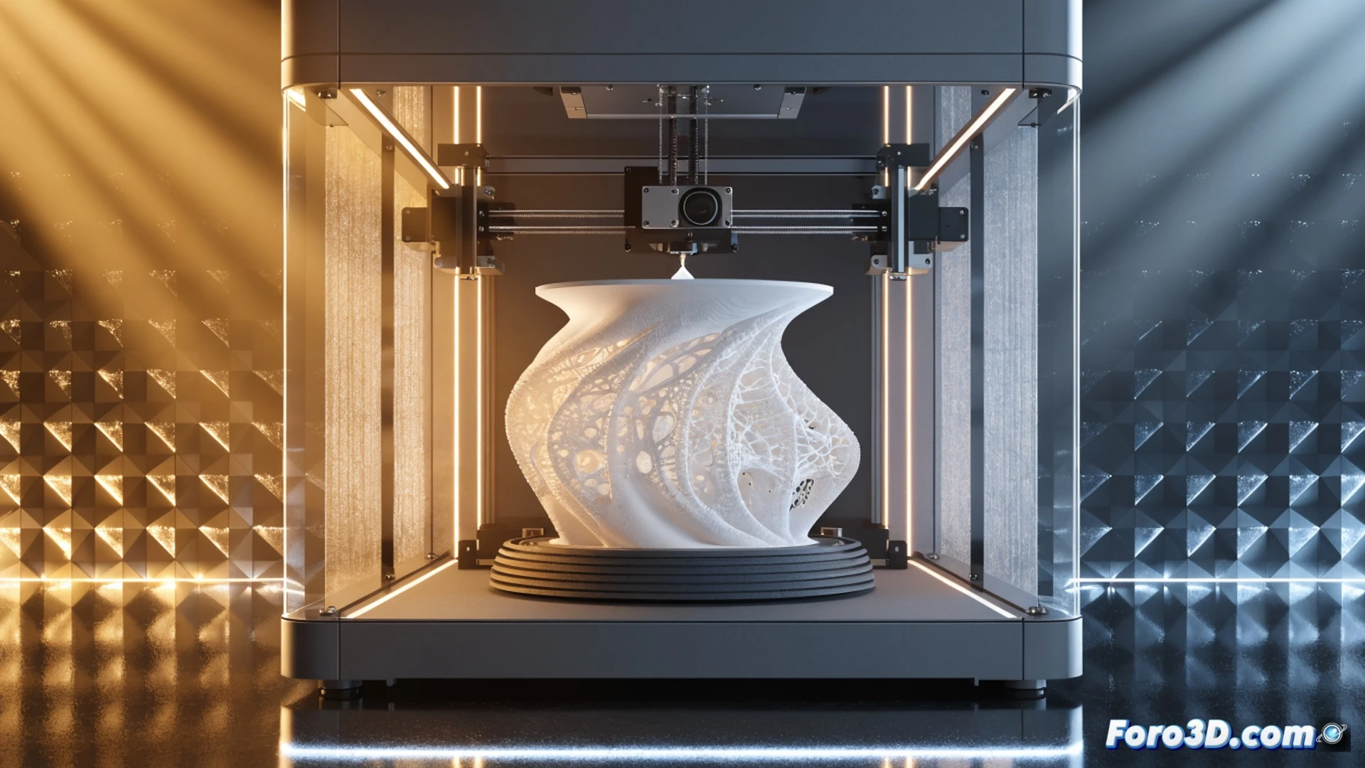 Bambu Lab A2L printing a large furniture leg in one continuous process, transparent enclosure revealing the nozzle moving smoothly across a tall build volume, filament spool feeding from the side while a small stool prototype stands completed nearby, engineering visualization style, bright neutral studio lighting, clean white background, precise layer lines visible on the print surface, mechanical components highlighted with soft metallic reflections, photorealistic technical render