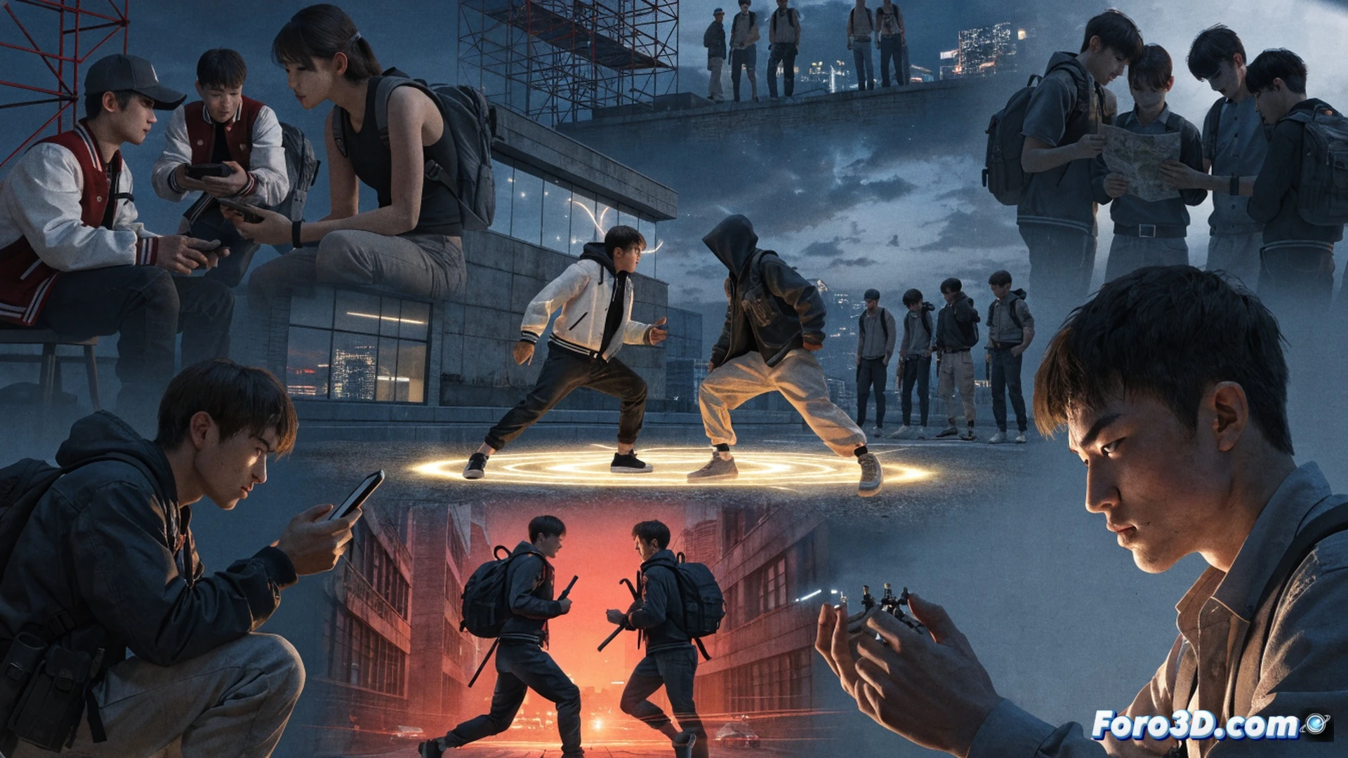 Japanese school gang brawl tactical planning interface, two rival factions facing off in a neon-lit alley at night, leader character in gakuran uniform executing a spinning kick while combo timers and grid-based movement paths overlay the scene, real-time action frozen mid-punch with glowing trajectory lines showing planned attack chains, cinematic technical illustration style, dynamic camera angle from low ground showing impact force, particle effects from concrete debris, holographic tactical map projected on the ground showing unit positions, metallic baseball bat and brass knuckles details, dramatic shadows and cyberpunk neon reflections, photorealistic 3D render with game UI elements integrated into environment, ultra-detailed character textures and motion blur on fast movements