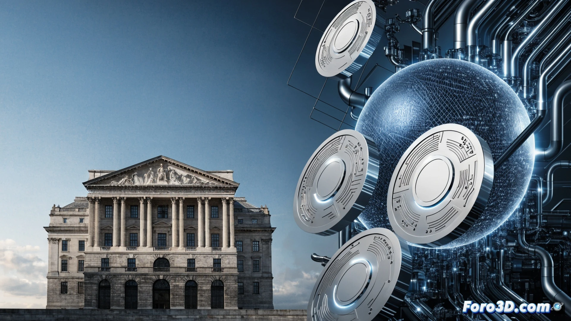 digital payment system visualization, glowing blockchain network connecting a massive British pound coin to a central bank vault, a 40 billion pound limit displayed as a holographic barrier with transparent glass texture, multiple payment terminals and smartphones processing transactions simultaneously, while a traditional bank branch with credit documents slowly fades in the background, cinematic technical illustration, sleek metallic surfaces, blue and green neon data streams, volumetric fog around the digital infrastructure, photorealistic financial technology render, high contrast lighting emphasizing the monetary flow