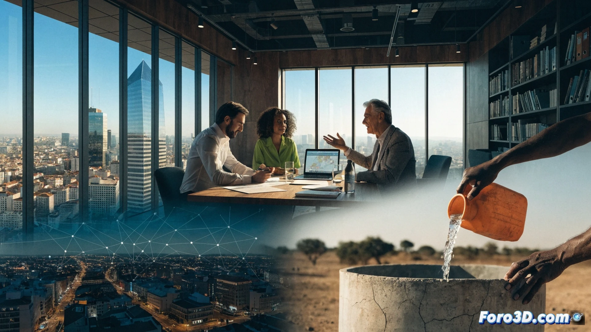 Banco Mundial oficina Madrid, mapa digital de América Latina y África proyectado sobre mesa interactiva, empresarios españoles señalando rutas de inversión en agua y turismo sostenible, gráficos de flujo financiero en pantallas táctiles, documentos de reducción de riesgos visibles, ingenieros revisando planos de infraestructura verde, estilo cinematográfico fotorrealista, iluminación corporativa suave, detalles técnicos de software de gestión de proyectos, representación de colaboración global, renderizado arquitectónico moderno.