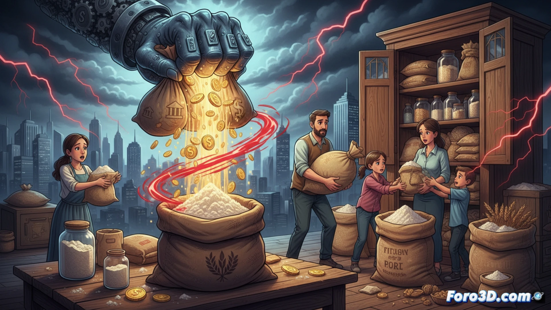 central bank monetary tightening visual, stacks of wheat flour bags on wooden pallets in a dimly lit warehouse, a single grain silo visible through a cracked window, a financial trader hand pressing a red interest rate lever on a control panel, flour dust particles suspended in air, cinematic technical illustration, photorealistic industrial lighting, metallic gears and circuit board patterns embedded in the floor, tension visible in the scene, hyper-detailed texture on burlap sacks, dramatic shadows from overhead fluorescent lights, engineering visualization style