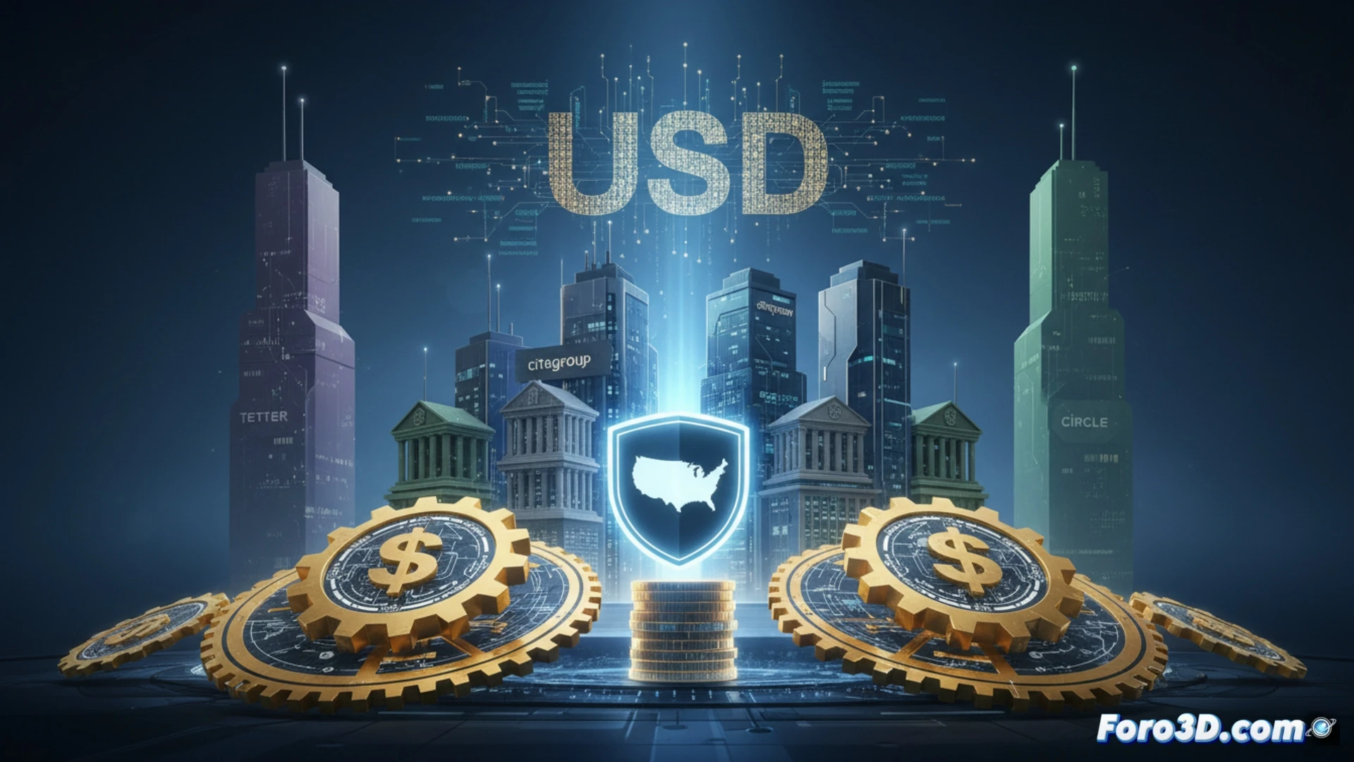 Photorealistic technical illustration of a bank vault interior with digital tokens floating above a secure network hub, three large monitors displaying JPMorgan, Citigroup, and US Federal Reserve logos connected by glowing data lines, armored glass panels reflecting blockchain nodes, robotic arms sorting tokenized deposit boxes while a holographic shield icon hovers overhead, cinematic engineering visualization, dramatic side lighting from blue LED strips, metallic surfaces with brushed steel textures, ultra-detailed circuit board patterns embedded in walls, smoke trails from cooling vents, realistic industrial security environment, hyperdetailed mechanical components