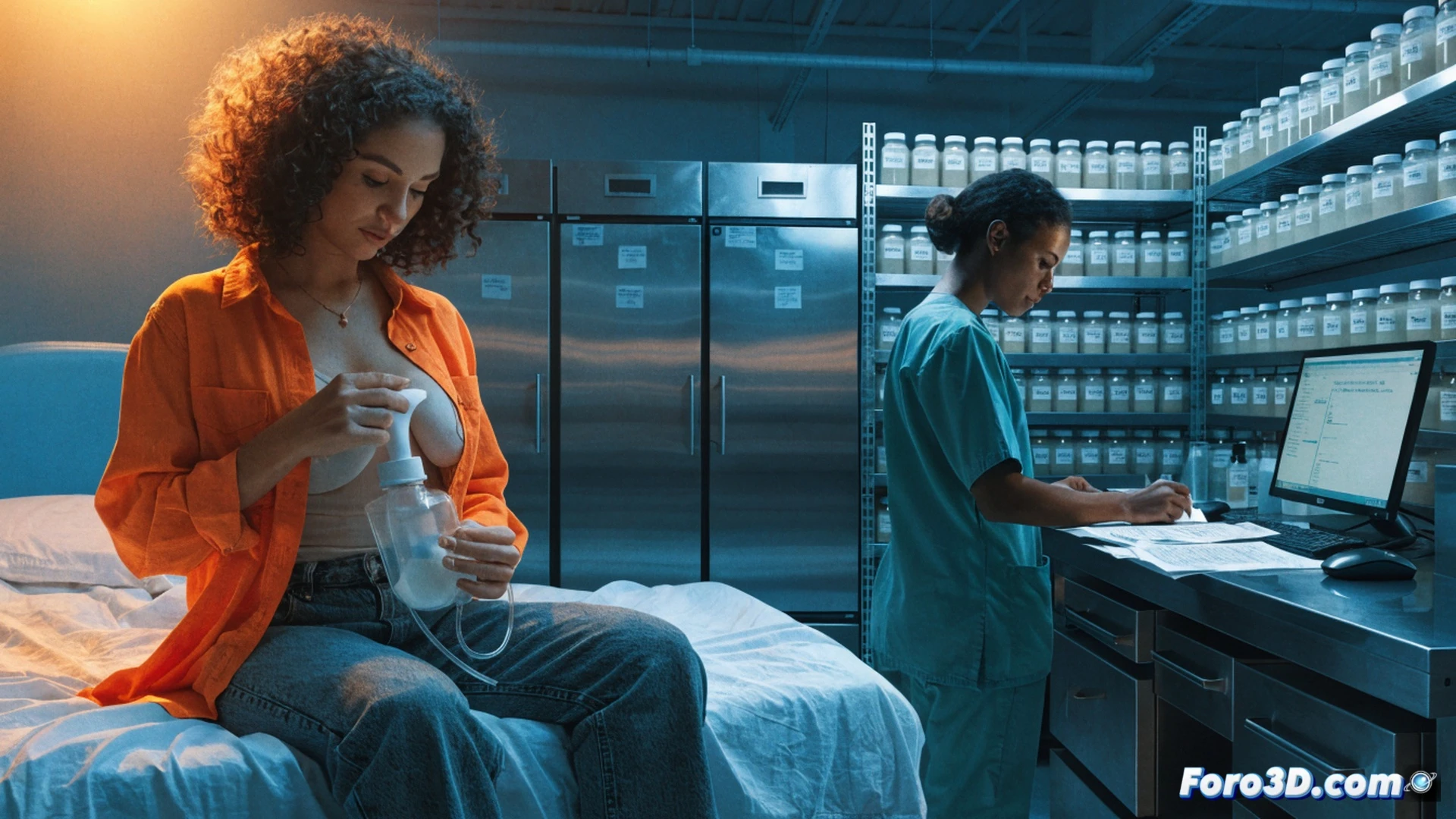 photorealistic scene inside a Brazilian milk bank, a mother in a sterile white room pumping breast milk using a hospital-grade electric breast pump, tubes leading to a sealed collection bottle, another technician in lab coat pasteurizing milk in a stainless steel machine, shelves of labeled milk bags in a freezer, soft blue sanitary lighting, clean minimalist medical environment, action of donation and processing, warm human touch contrasting with technical precision, cinematic documentary style, ultra-detailed medical equipment, realistic textures of plastic and metal, soft natural window light from left