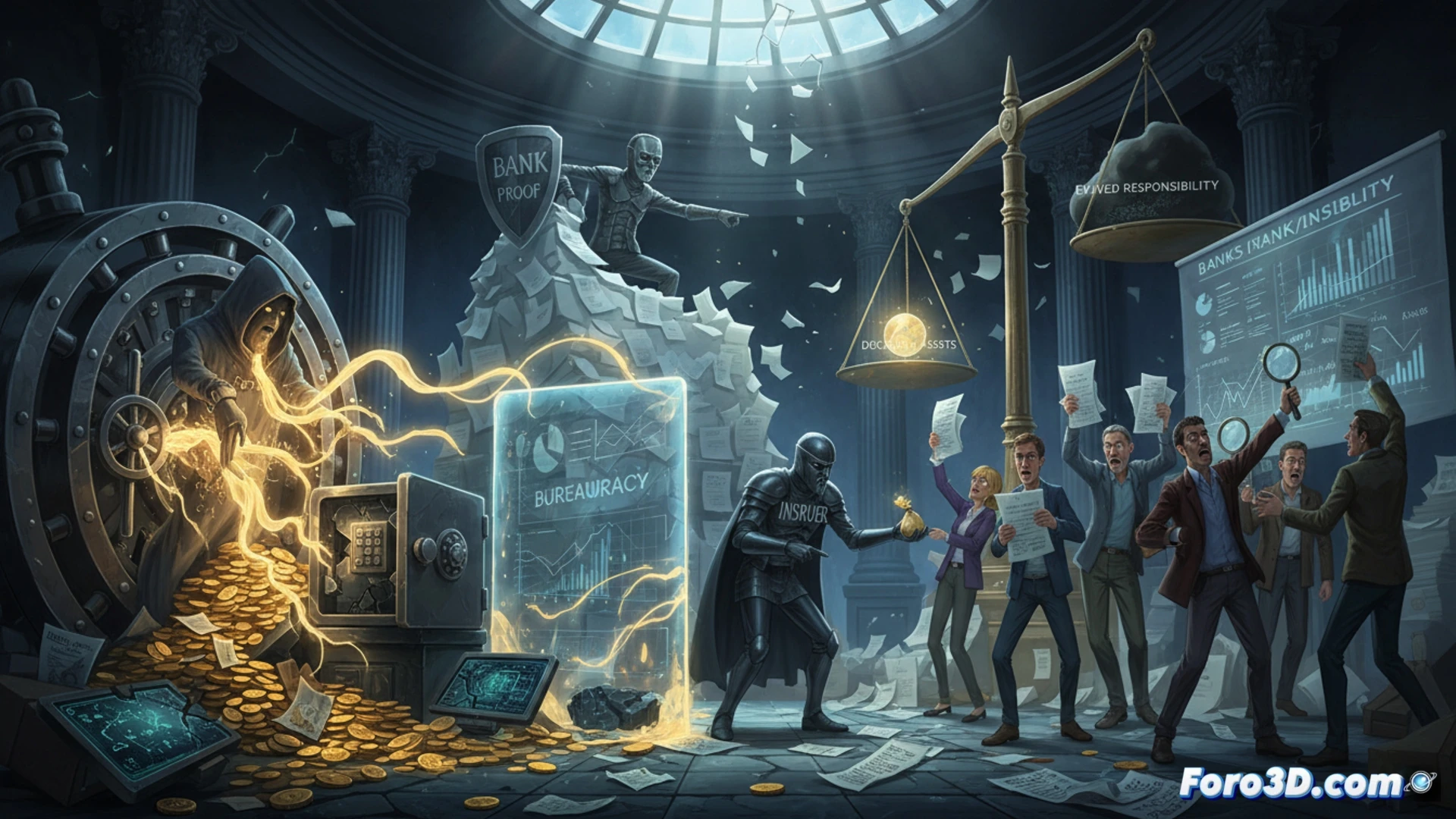 photorealistic scene showing a bank vault door half-open with a broken security camera dangling from wires above, a customer’s empty hands extended toward a bank manager who holds a magnifying glass over a stack of tax documents and receipts, the customer’s shadow cast across a digital screen displaying a fraud alert warning, forensic accounting software interface visible on a nearby monitor showing transaction logs and missing funds, bureaucratic paperwork scattered on a marble counter, dramatic overhead lighting casting long shadows, cinematic technical illustration style