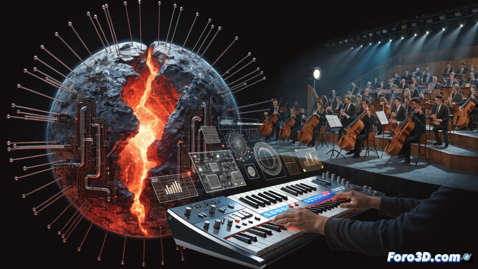 orchestral recording session in a futuristic studio, three composers collaborating around a holographic score display, John Williams conducting a virtual orchestra while Hans Zimmer adjusts a massive synthesizer array, Super Mario Galaxy sheet music floating as holographic notes, mixing console with glowing faders and waveform projections, cinematic technical illustration, warm amber studio lighting contrasted with cool blue holographic light, steam rising from espresso cups, motion blur on conductor baton, realistic studio gear like Neumann microphones and Avid control surfaces, photorealistic engineering visualization