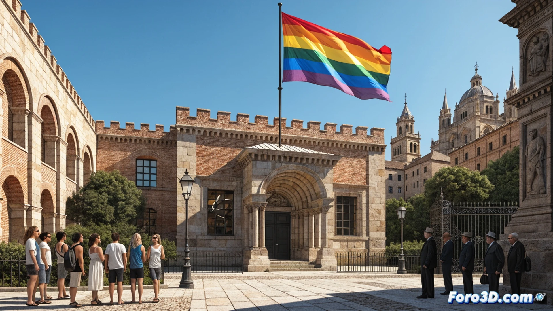 Delegación del Gobierno building in Toledo, LGTBI flag being raised on a central flagpole during a public ceremony, flag flapping in strong wind against a bright blue sky, government officials and citizens watching with serious expressions, a digital screen beside the pole displaying a rising hate-speech graph turning red, photorealistic civic documentation style, sharp architectural details, warm sunlight casting long shadows, symbolic contrast between progress and warning, ultra-detailed textures on stone facade, cinematic wide-angle shot