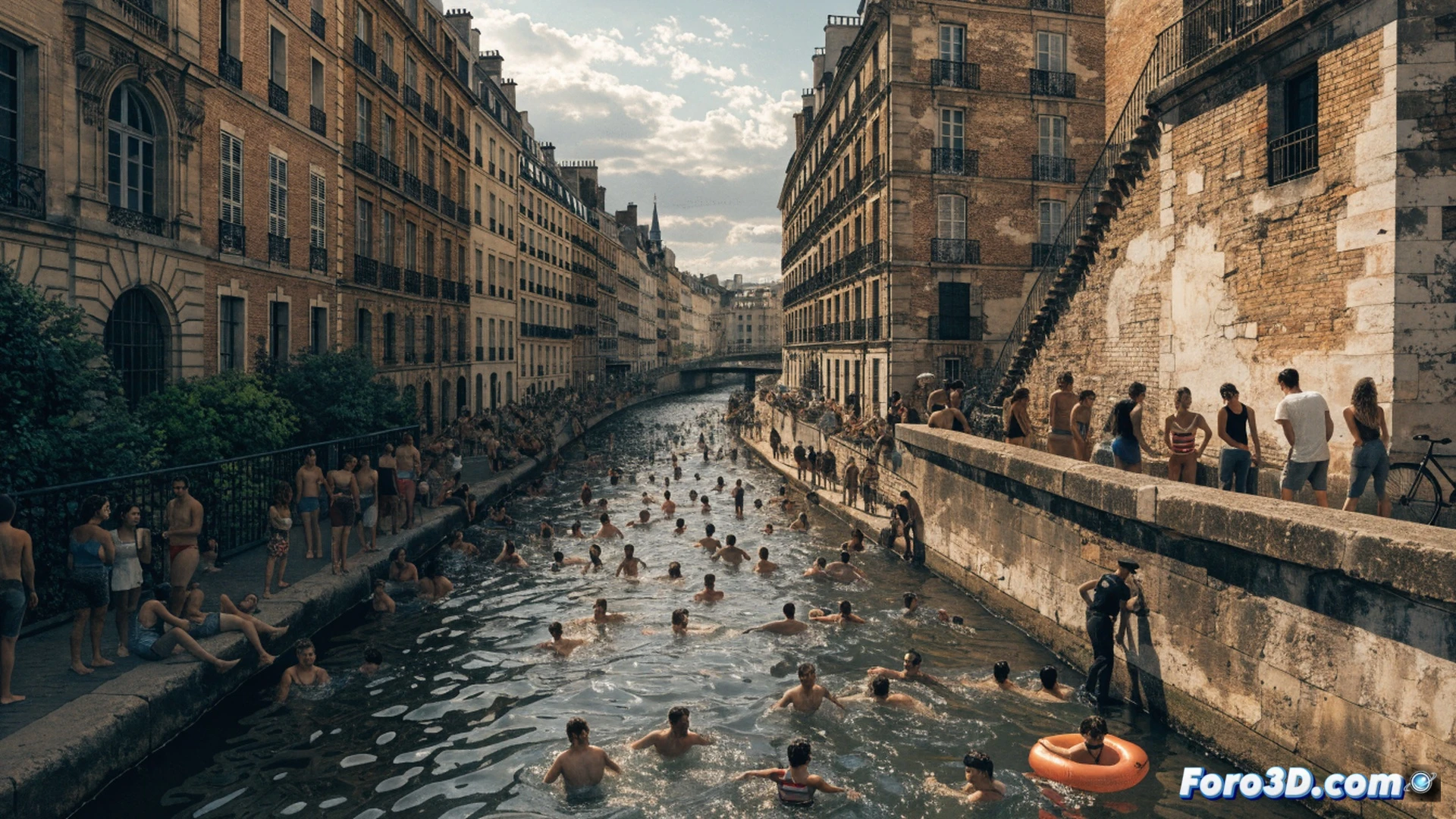 Crowd of young swimmers jumping into Canal Saint-Martin water during heatwave, overlapping bodies splashing near floating safety buoys, police officers on the quay struggling to manage overflow while portable barriers are partially submerged, lifeguard monitoring from a small boat with rescue equipment visible, cinematic photorealistic urban scene, hazy summer sunlight, chaotic movement, reflections on water, tension between recreation and control, wide-angle dramatic composition
