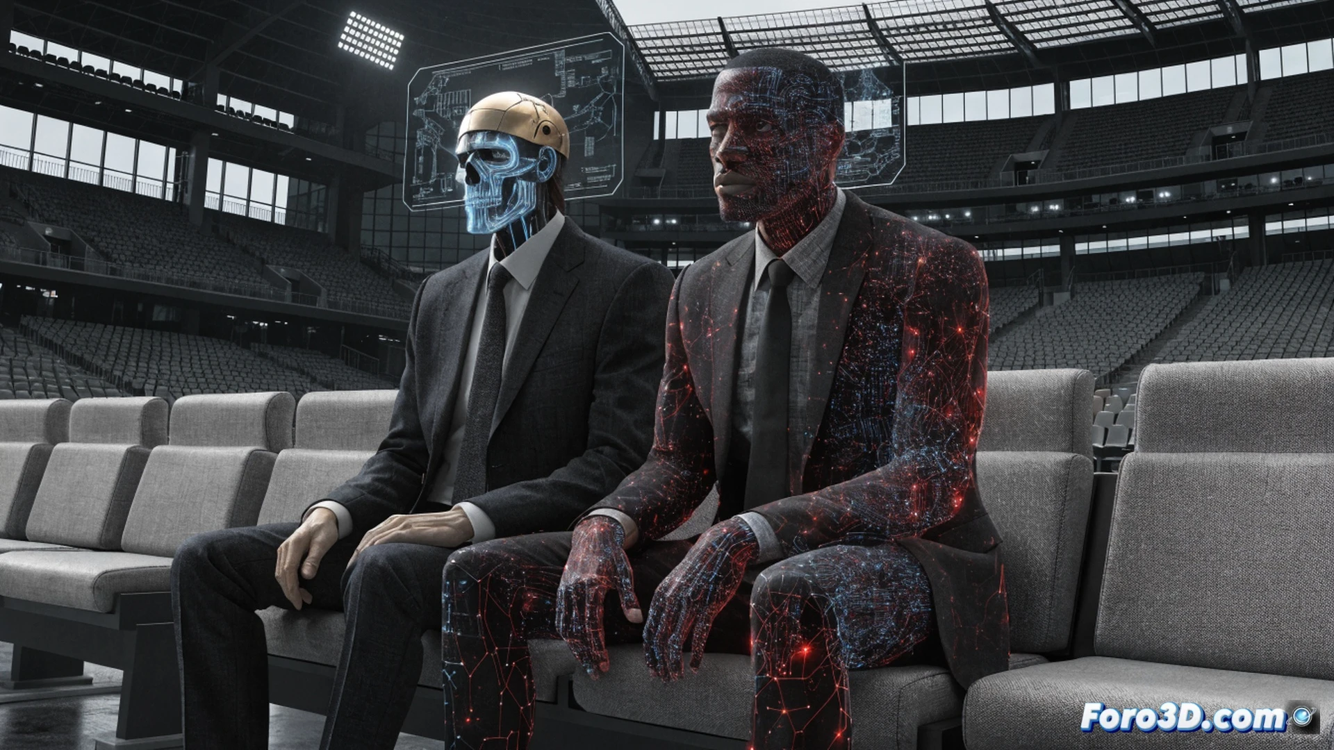 Banquillo de estadio iluminado por pantallas holográficas, avatar 3D de entrenador legendario gesticulando instrucciones tácticas mientras datos de partido en vivo fluyen en tiempo real como líneas brillantes sobre su cuerpo digital, jugadores en campo reaccionando a sus señales, mesa técnica con interfaces gestuales y sensores biométricos, estilo cinematográfico y fotorrealista, iluminación dramática con contrastes azules y naranjas, texturas metálicas y superficies reflectantes, ambiente de alta tecnología deportiva, render técnico ultra detallado