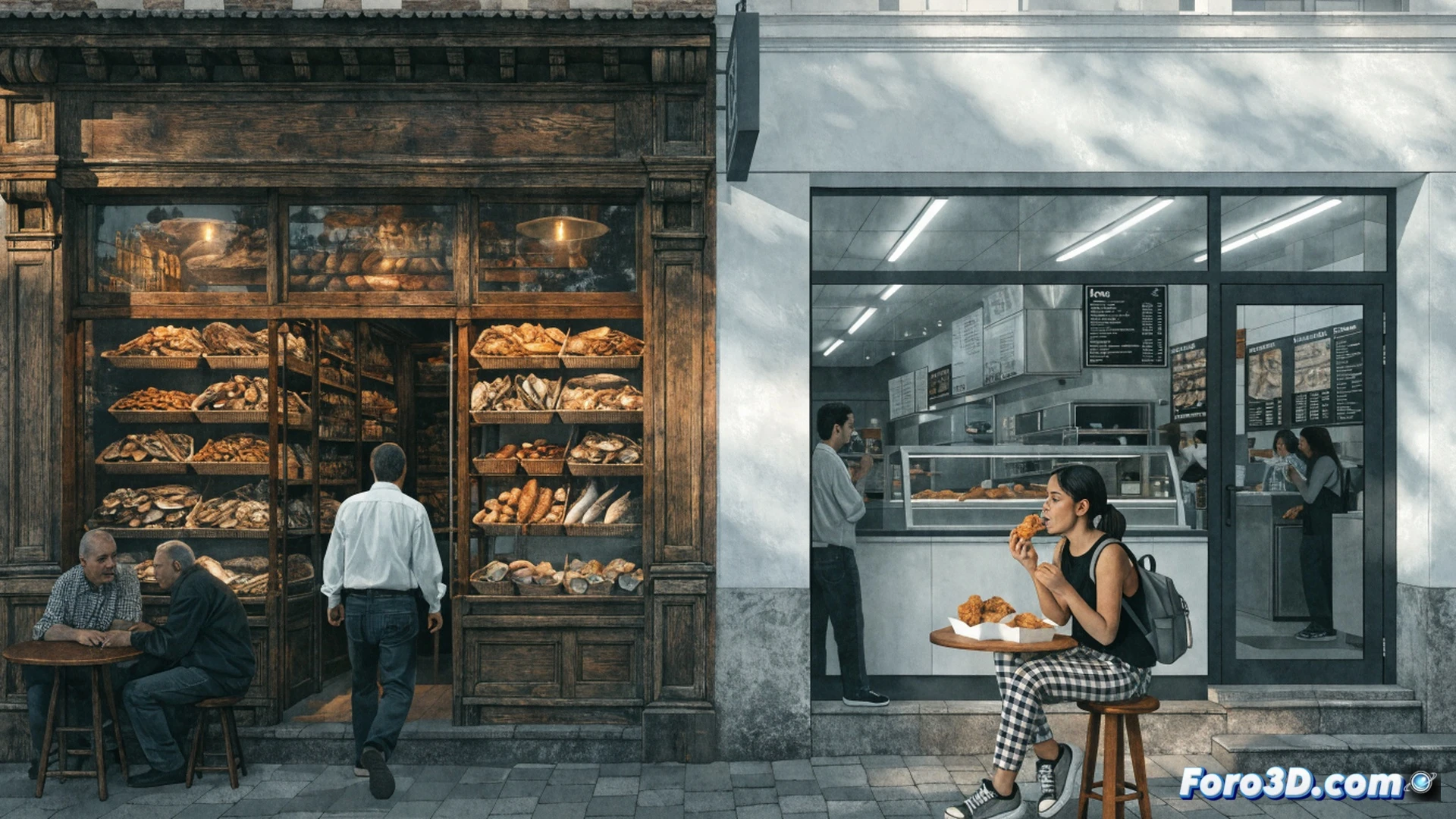 fachada de Bar Bolos con letrero vintage de madera, persiana metálica bajando a media altura mientras trabajadores retiran sillas de mimbre apiladas y una caja de mariscos vacía, al fondo un cartel de Popeyes con pollo frito siendo instalado por un operario con taladro, estilo cinematic photorealistic, luz de atardecer valenciano, sombras alargadas, textura de azulejos desgastados, grasa de freidora en el suelo, contraste entre madera clásica y neón moderno, atmósfera nostálgica y tensa