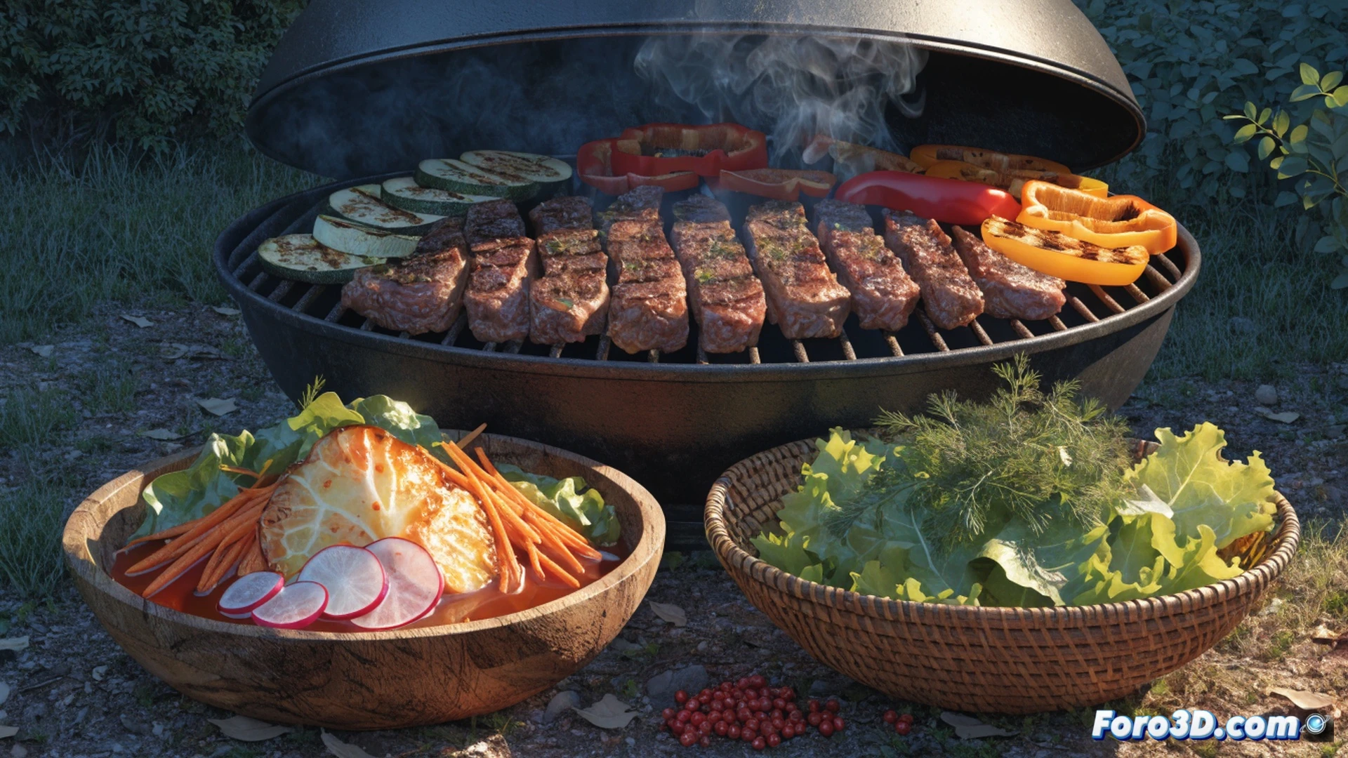Grill grates sizzling with marinated meat strips and charred bell peppers, while a chef uses tongs to flip vegetables, a wooden bowl of fermented kimchi and sauerkraut beside the grill, steam rising from fresh salad, action of marinade dripping onto coals, cinematic food photography, golden hour sunlight, wood smoke haze, vibrant reds and greens, cast iron pan with garlic and herbs, photorealistic culinary scene, shallow depth of field, warm glowing embers, rustic outdoor kitchen setting