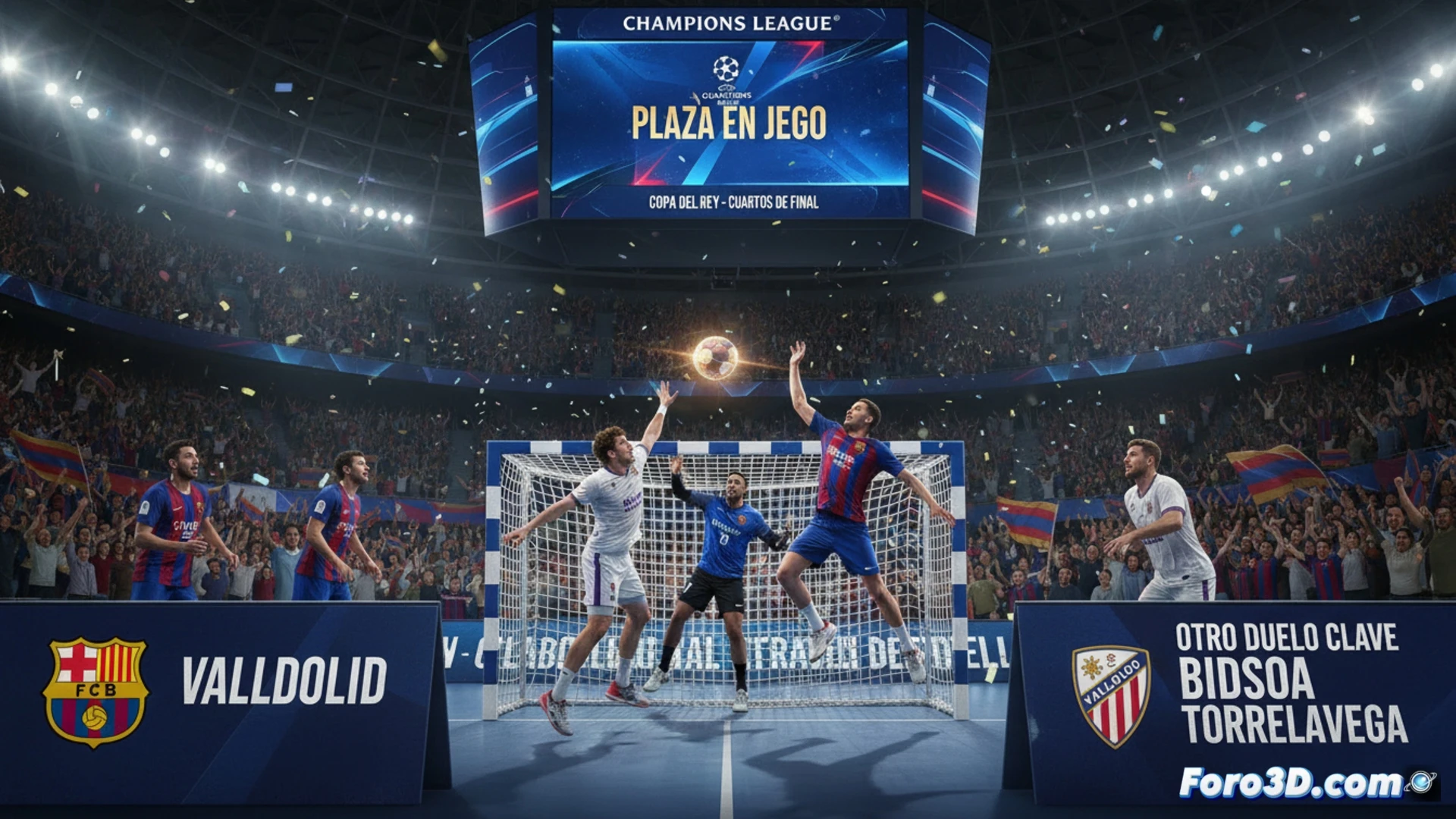 Un balonmanista azulgrana salta para lanzar a gol, con el escudo del Barça y el balón de la Copa del Rey visibles.
