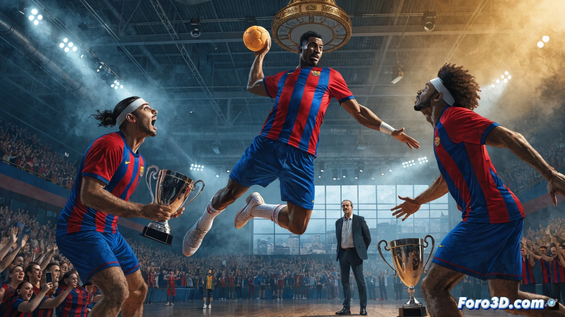 handball player leaping to throw at goal, ball mid-air with motion trail, budget spreadsheet and frozen cost graph overlaying court floor, coach Carlos Ortega on sideline observing, Champions League trophy glowing in background, photorealistic sports visualization, dynamic action pose, sweat droplets frozen in time, dramatic arena lighting, deep blue and red team colors, technical illustration style with financial data integrated into scene, realistic crowd blur, high-contrast shadows, ultra-detailed jersey fabric texture