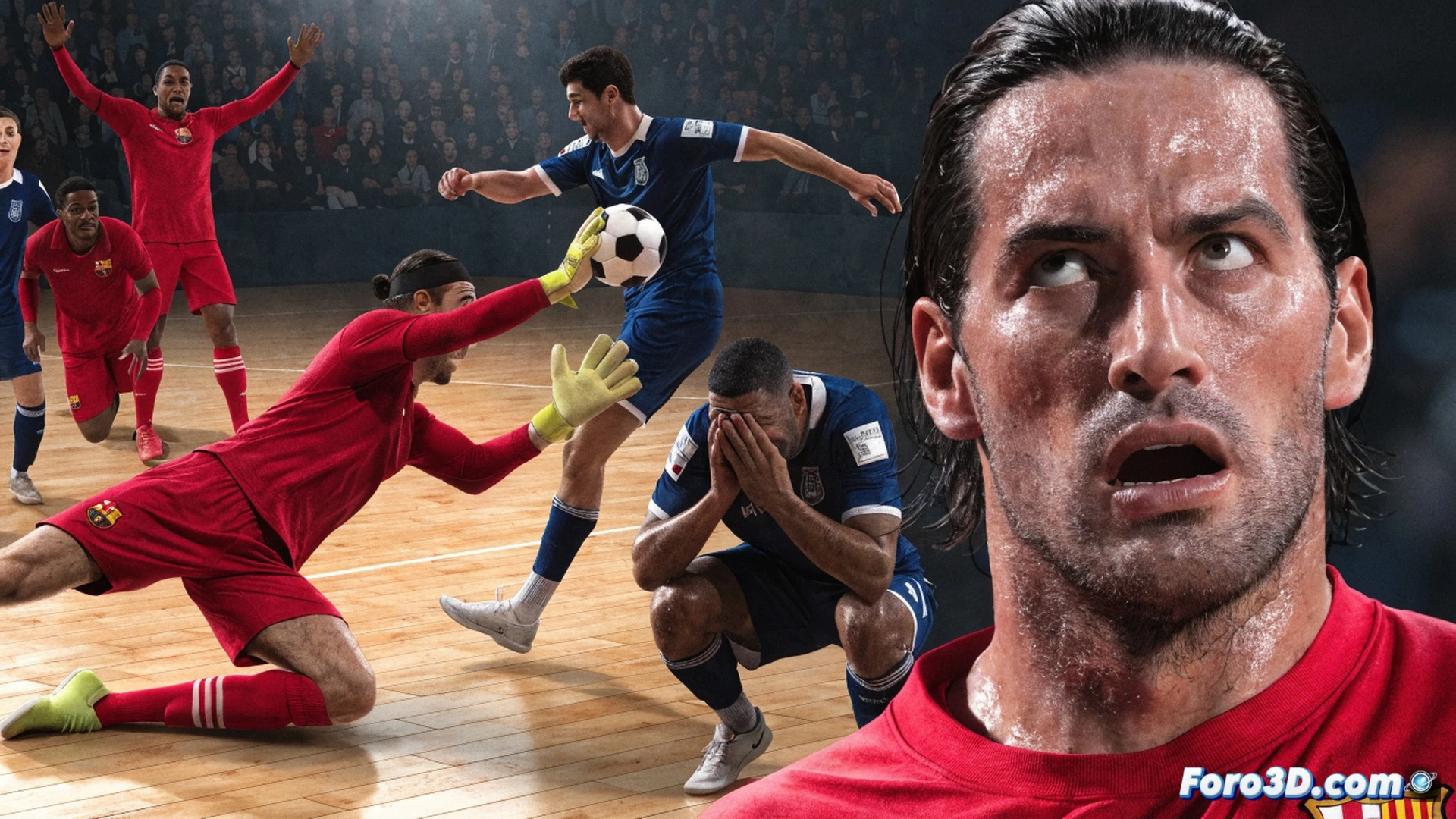 Barça futsal player celebrating after a penalty save, goalkeeper Dídac diving to his left mid-air with both hands extended deflecting a low shot, ElPozo opponent in background with dejected posture, indoor sports arena with bright overhead floodlights casting dramatic shadows, yellow and red team jerseys contrasting against polished wooden court, referees observing from the side, crowd standing in blurred motion cheering, cinematic photorealistic sports photography style, freezing the peak action moment, sweat droplets visible on Dídac’s face, dynamic motion blur on ball trajectory, ultra-detailed texture of net and court lines, high contrast dramatic lighting