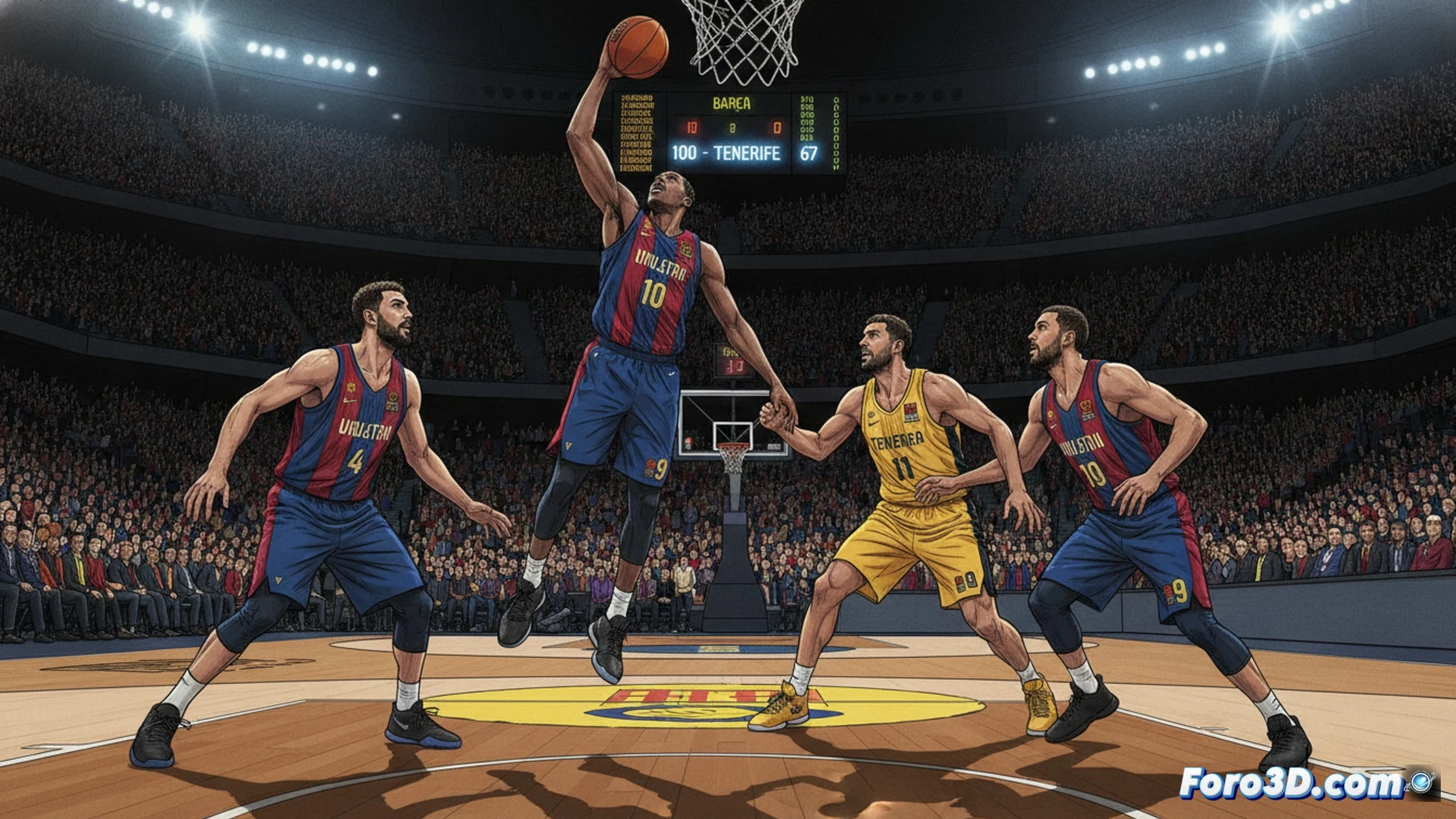 photorealistic basketball court scene, Barça player executing a powerful block shot against Tenerife opponent mid-air, ball deflected away with intense motion blur, defensive wall formation with three Barça players positioned in perfect synergy, Tenerife player losing balance under pressure, sweat droplets frozen in action, dramatic arena lighting casting long shadows, hardwood floor reflections, high-contrast cinematic sports photography style, ultra-detailed muscle tension and jersey fabric folds, 8K technical render, dynamic camera angle from baseline low perspective