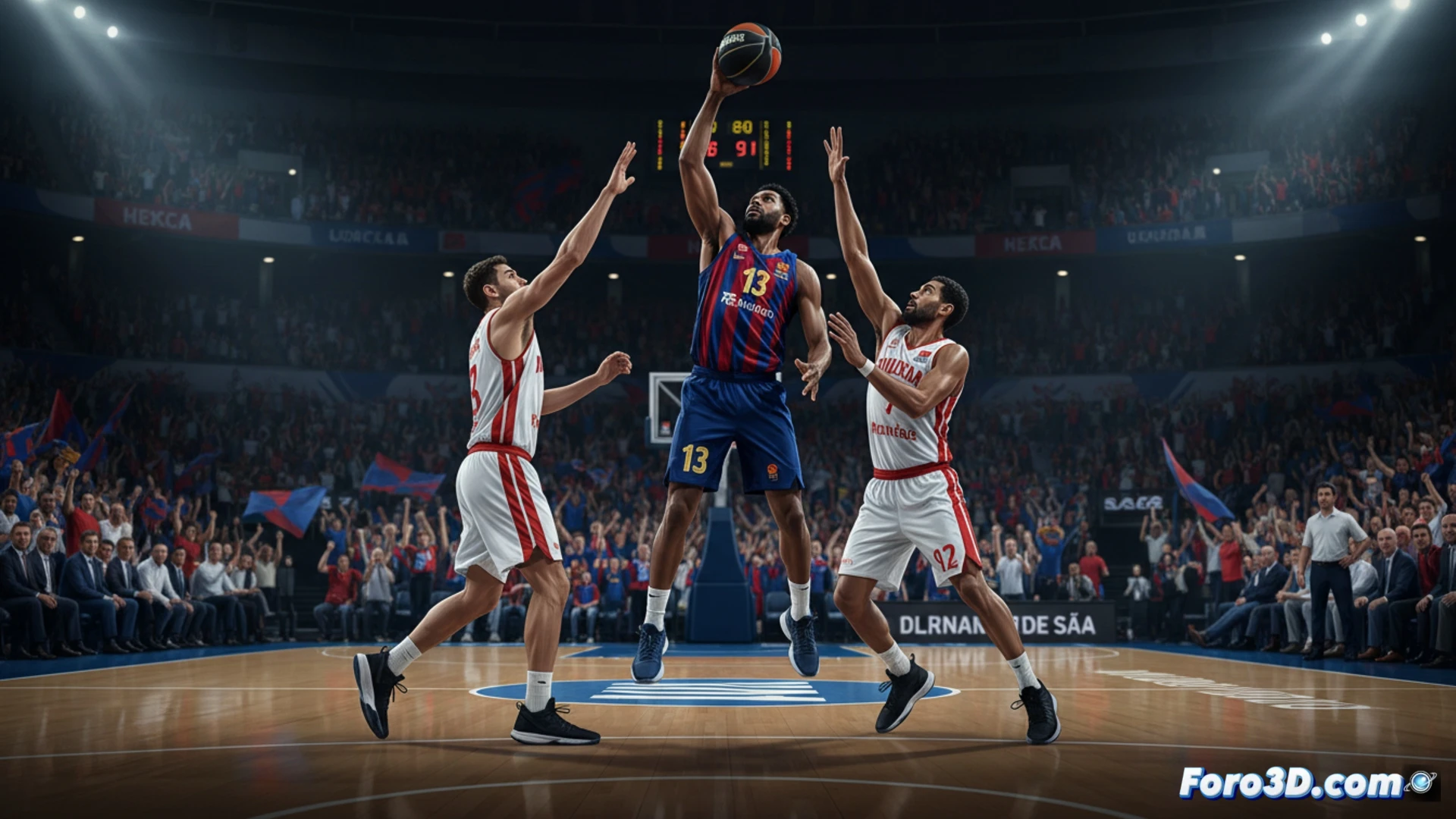 Basketball playoff court action, Barça player in motion performing a fast break layup, defensive Murcia player sliding to block, crowd blurred in background, official scorer table visible with digital display, parquet floor reflecting overhead lights, cinematic sports photography style, peak action freeze-frame, sweat droplets frozen mid-air, dramatic arena spotlighting, deep shadows on sidelines, photorealistic technical render