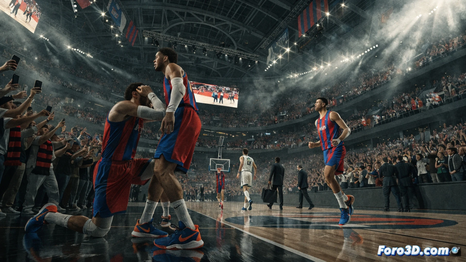 Basketball player mid-air dunking over defender, ball about to slam through net, glowing motion trails on ball and sneakers, hardwood court reflection, digital shot clock showing 0.3 seconds, arena LED scoreboard displaying 76-85, crowd blurred in background with waving flags, cinematic sports photography, dramatic spotlight from above, sweat droplets frozen in air, dynamic action pose, photorealistic hyper-detailed rendering, high contrast lighting, deep shadows, intense competitive atmosphere