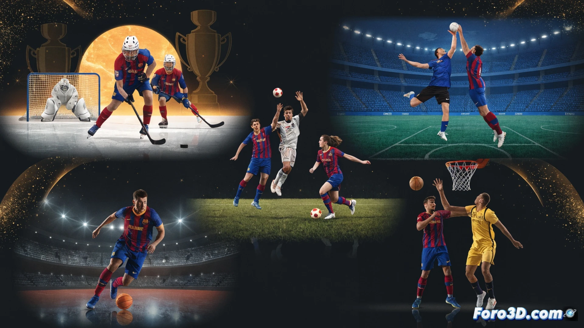 FC Barcelona trophy display case with 50 European cups arranged in six glass columns, hockey sticks and handballs visible in background, soccer balls and basketballs on lower shelves, dramatic spotlight illuminating the central column, photorealistic architectural visualization, polished marble floor reflecting the metallic trophies, precise geometric symmetry, museum-quality lighting with golden reflections, ultra-detailed engraved cup surfaces, cinematic depth of field, technical exhibition render