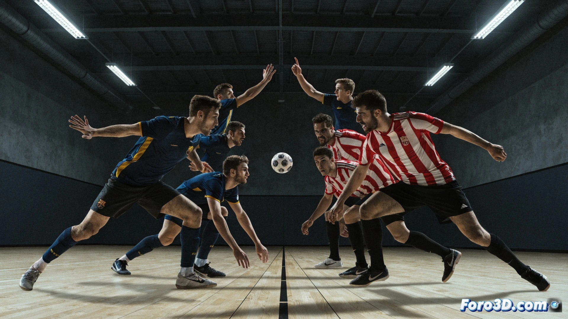 Two futsal players mid-action in a high-stakes match, one in blue and red stripes sliding to block a shot, the other in black and yellow striking the ball with spin, indoor court with polished wooden floor and bright overhead lights, blurred audience in the background, sweat droplets and ball deformation visible, dynamic motion blur on shoes and ball, photorealistic sports photography style, dramatic shadows and intense facial expressions, ultra-detailed sports gear textures, slow-motion action freeze-frame effect