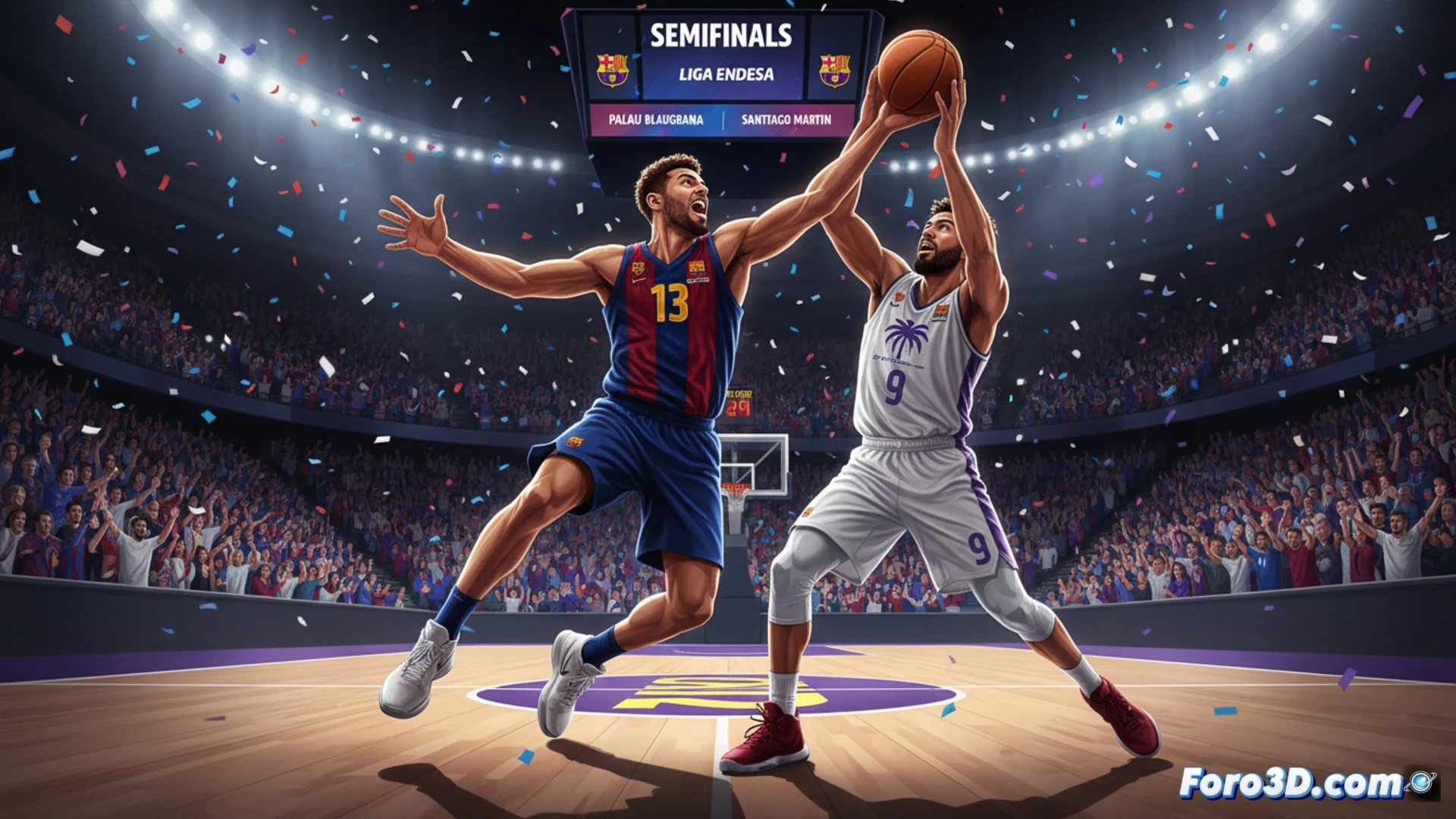 two basketball players mid-air collision under arena lights, one in burgundy jersey driving to the hoop, the other in blue jersey blocking with extended arm, sweat droplets frozen in motion, hardwood court reflection, scoreboard showing 88-84, crowd blurred in background, high-angle cinematic shot, photorealistic sports photography, dramatic chiaroscuro lighting, motion blur on peripheral fans, ultra-detailed jersey fabric texture, tension in facial expressions, technical action freeze-frame