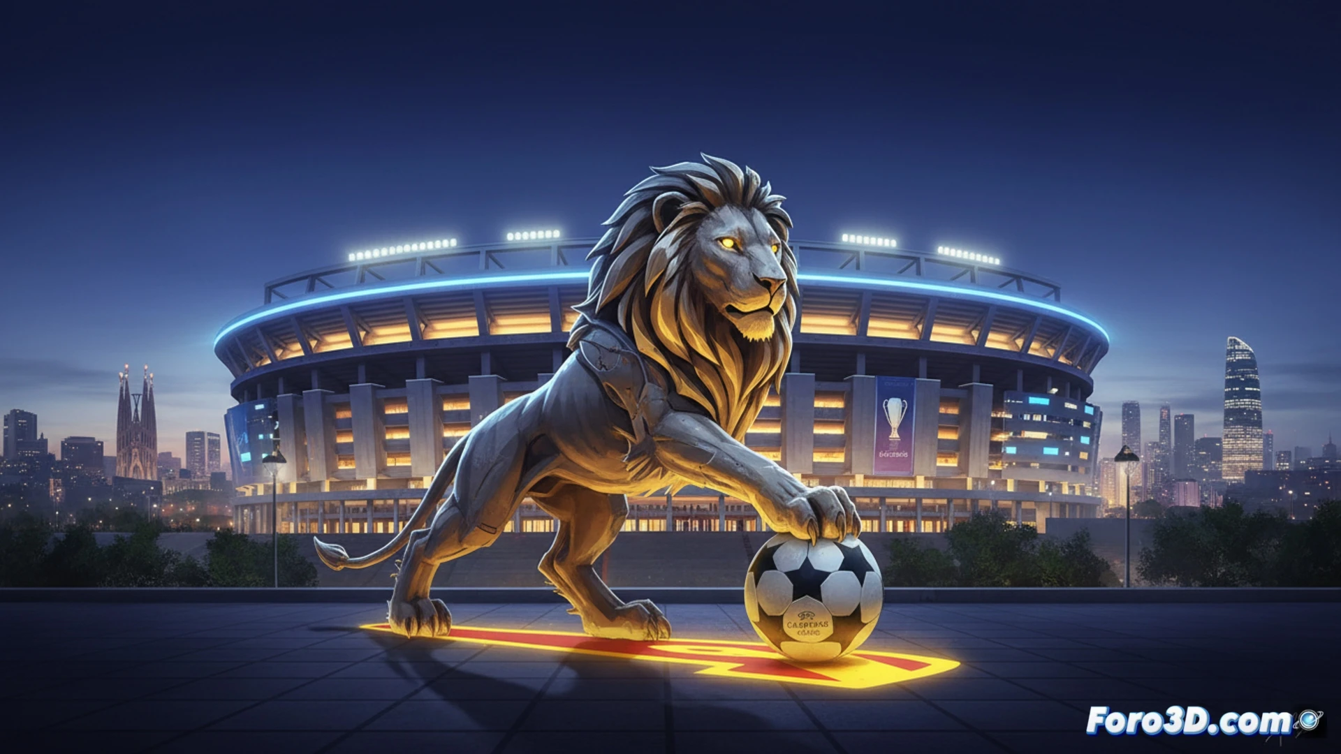 panoramic view of Camp Nou stadium under massive construction renovation, giant crane lifting steel roof truss while workers in harnesses assemble new seating section, architectural blueprints spread across planning table with UEFA Champions League trophy hologram glowing above, Barcelona skyline visible through open stadium wall, cinematic engineering visualization, photorealistic technical illustration, dramatic sunset lighting casting long shadows, ultra-detailed scaffolding and concrete textures, construction machinery active in foreground, safety barriers and yellow hard hats scattered around, hyperrealistic architectural render