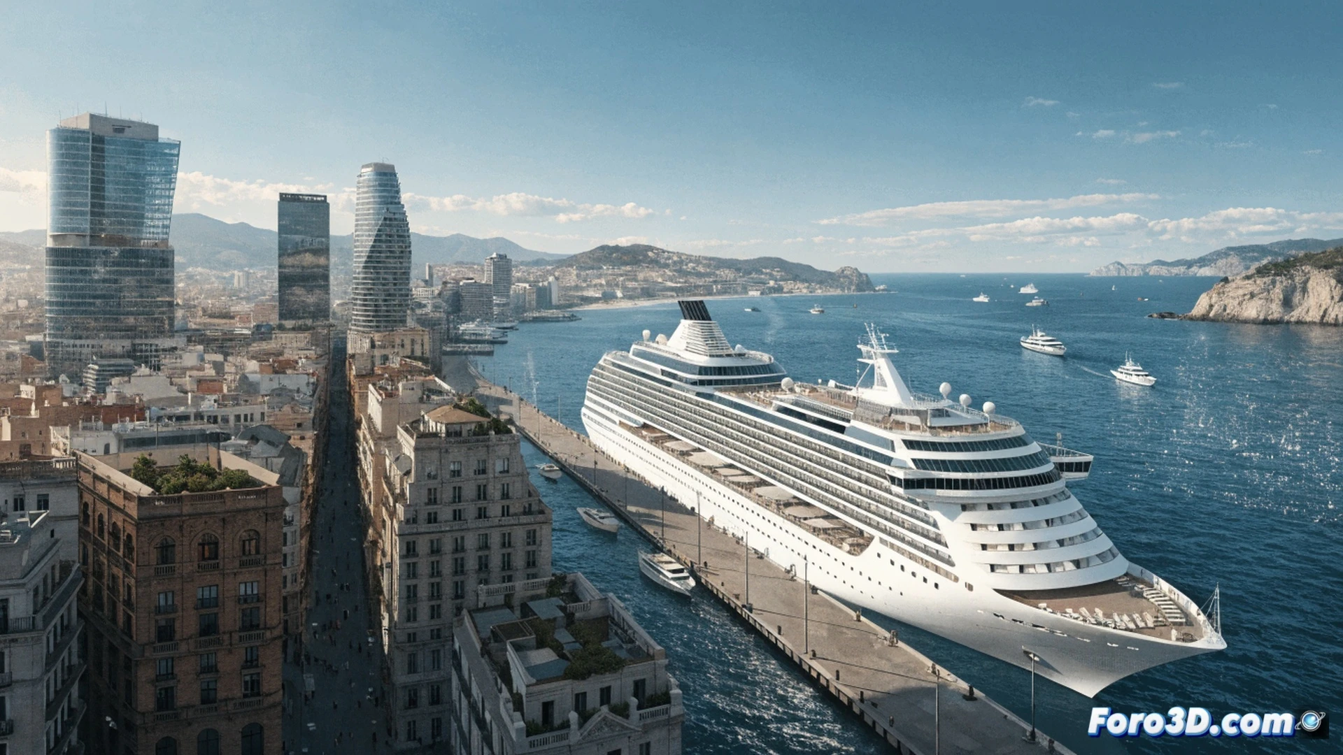 large cruise ship docked at Barcelona port terminal, passengers disembarking onto crowded pier while city skyline visible in background, digital fare display panel on terminal building showing rate change from 11 to 30 euros with red upward arrow, city officials in formal attire reviewing tablet data showing economic impact statistics, empty local shops and congested sidewalks contrasting with busy ship, photorealistic urban tourism scene, bright Mediterranean daylight, sharp architectural details, cinematic wide-angle composition, realistic shadows and reflections on water, technical illustration style with clear zoning markers