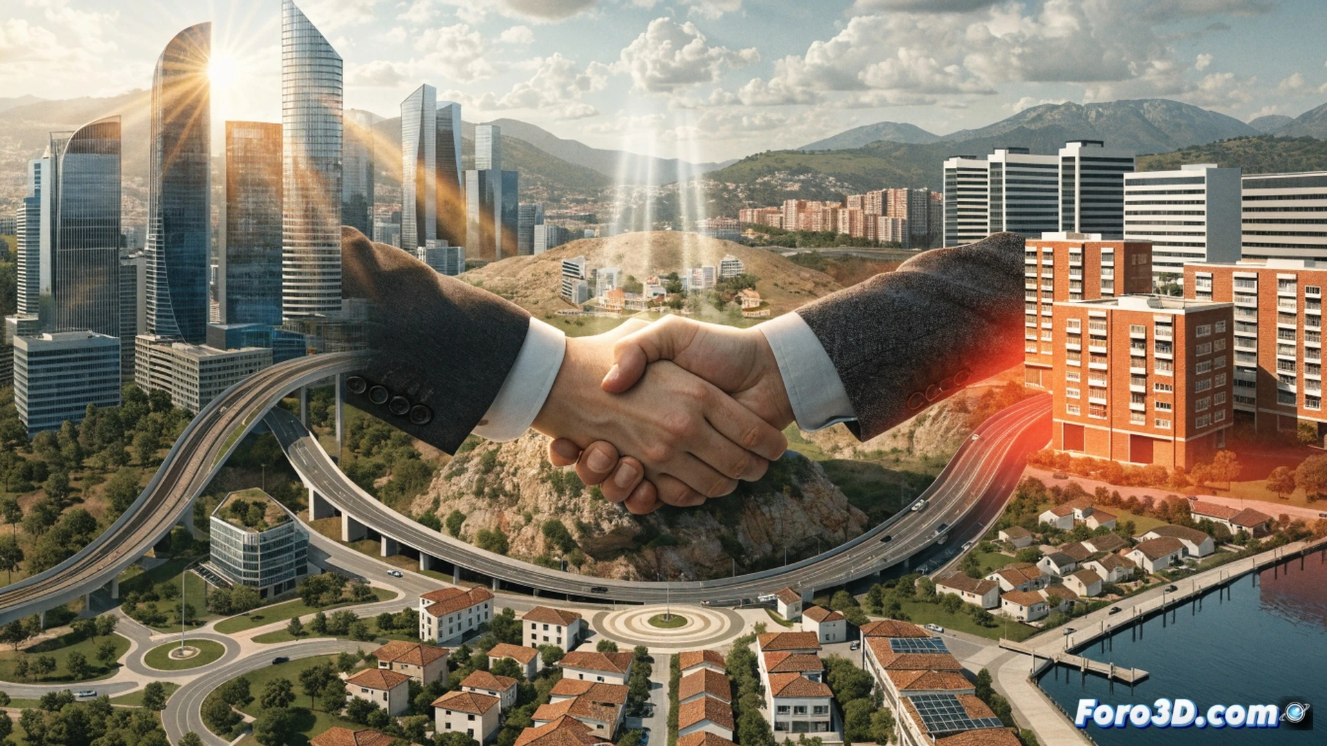 urban planning meeting scene, two mayors shaking hands over a large blueprint on a glass table, holographic city maps showing Barcelona and Sant Adrià de Besòs with highlighted transport routes and housing zones, engineers pointing at projected data screens displaying mobility flow simulations and public space renderings, modern municipal office with natural light, architectural models in background, collaborative gesture captured mid-action, photorealistic technical visualization, clean white and blue tones, precise urban infrastructure details, realistic lighting and shadows, cinematic composition