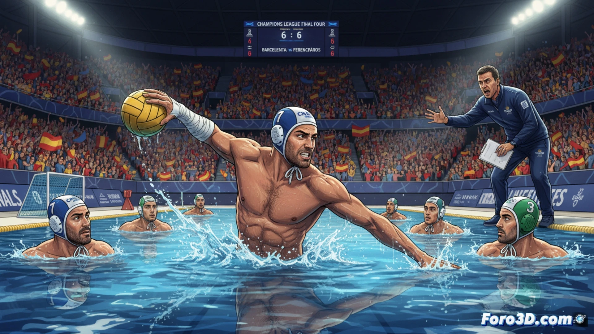 water polo player with hand bandage gripping pool edge, fractured wrist visible under protective wrap, teammates swimming past during intense match play, Ferencvaros opponent blocking shot in background, Barcelona skyline through glass ceiling, stadium lights reflecting on chlorinated water surface, cinematic sports photography style, dynamic water splashes frozen mid-action, dramatic low-angle shot, photorealistic athletic motion capture, blue and white team caps contrast with red opponent suits, underwater turbulence showing leg kicks and passing bubbles
