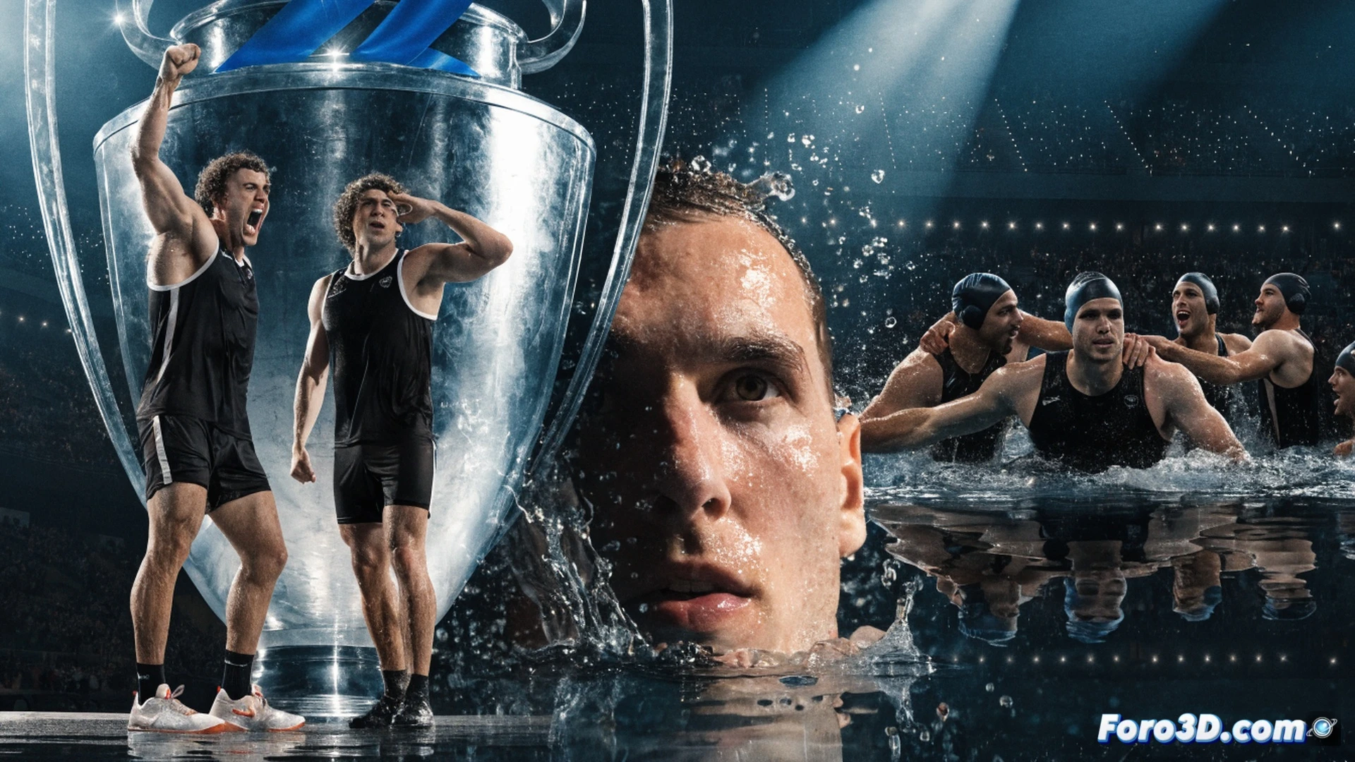 water polo match climax, CN Barceloneta player launching a powerful shot toward the goal, ball mid-air with water splash trails, opponent goalkeeper stretching to block, pool surface rippling under intense action, players in motion with caps and suits, blue and white team colors contrasting, bright overhead arena lights reflecting on water, dynamic spray droplets frozen in time, dramatic side-angle view, cinematic sports photography style, ultra-detailed water texture, high contrast lighting, photorealistic sports action render